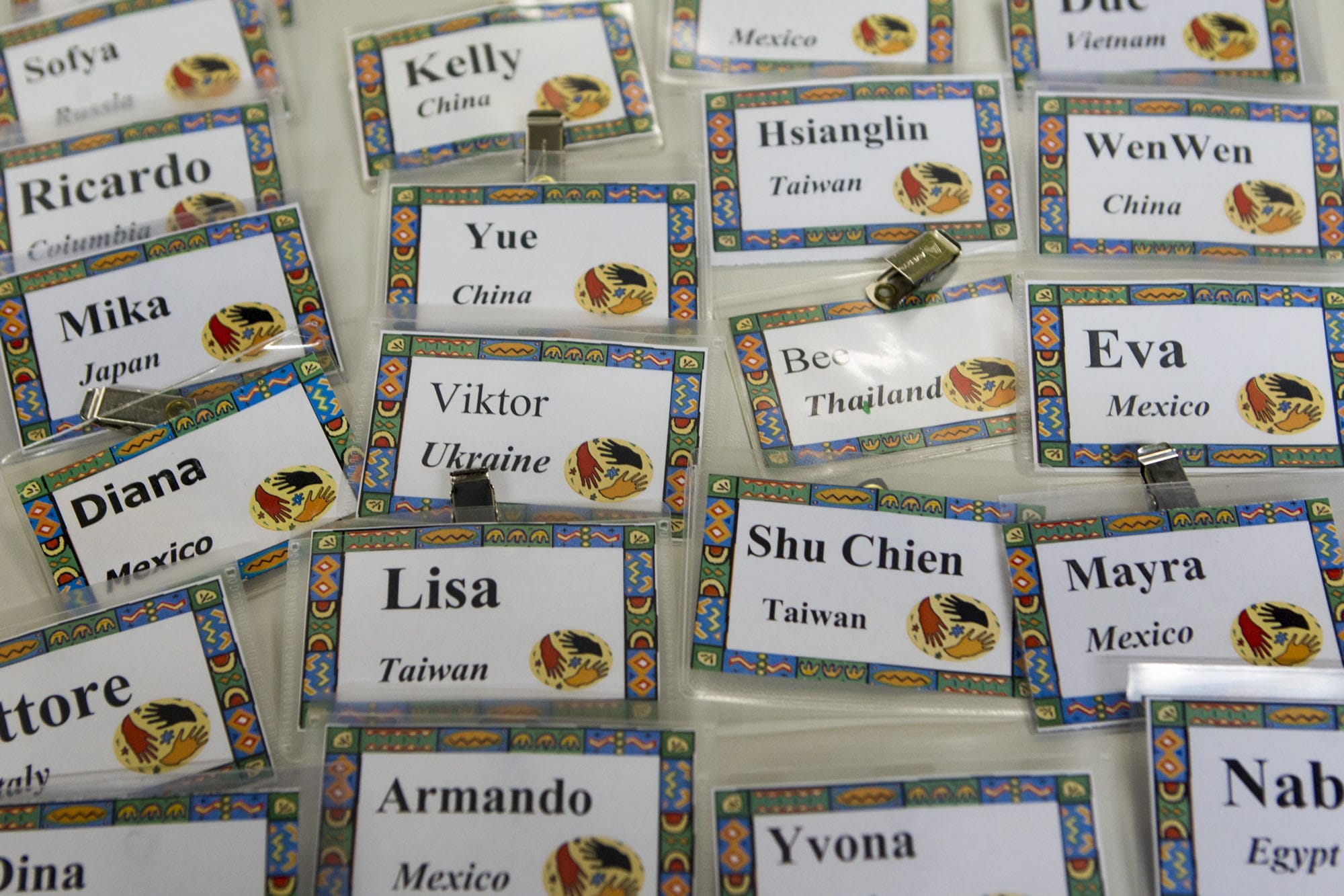 Name tags wait on a table for students who take part in an English conversation circle at Vancouver Community Library.