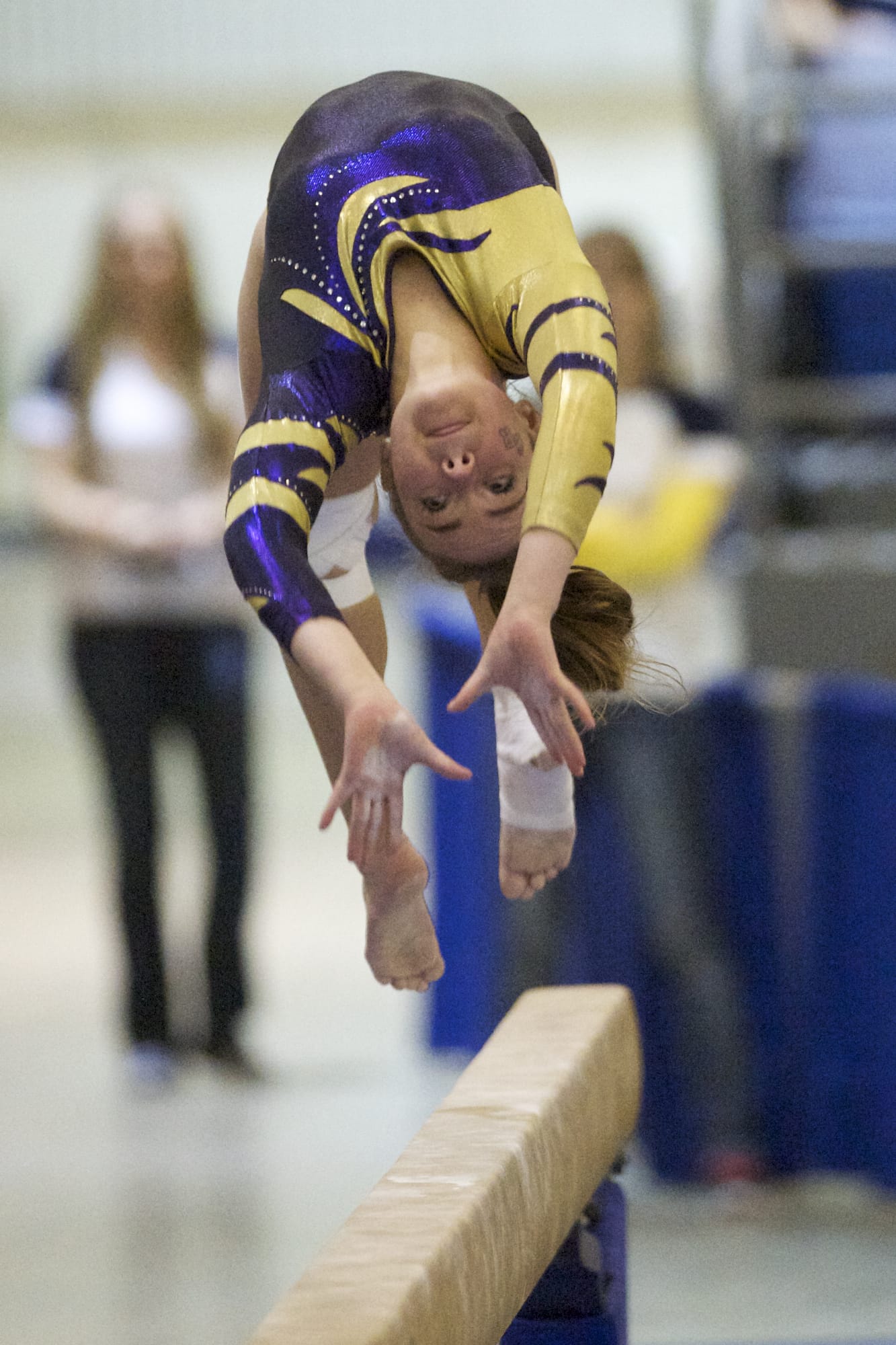 Columbia River gymnast Kenzie Moxley competes on the beam in the 3A individual event finals at the State Gymnastics meet in Tacoma, Saturday, February 22, 2014.