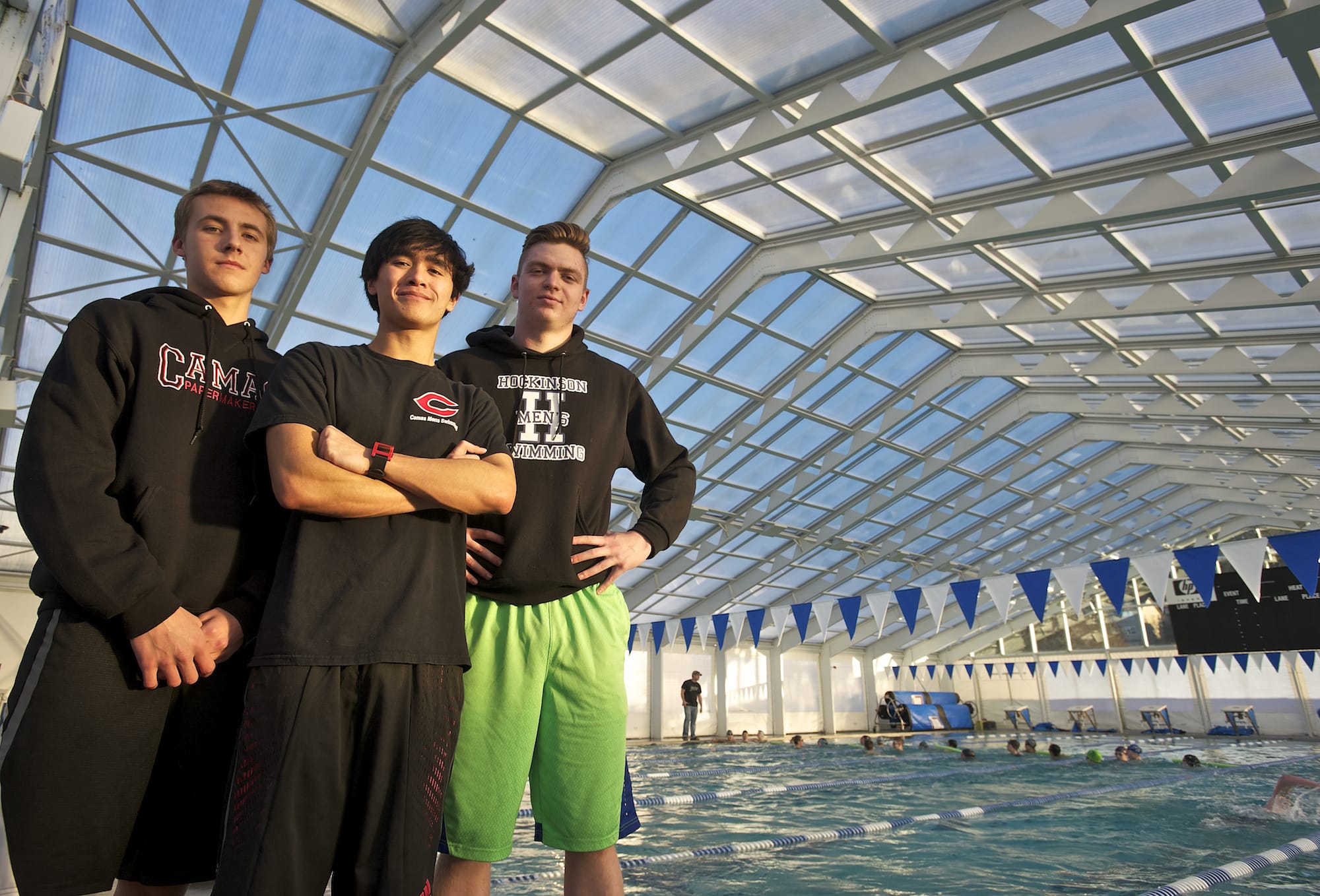 From left, Camas High School swimmers Lucas Ulmer and John Utas, and Hockinson's Dylan Osborne at LaCamas Swim and Sports Club.