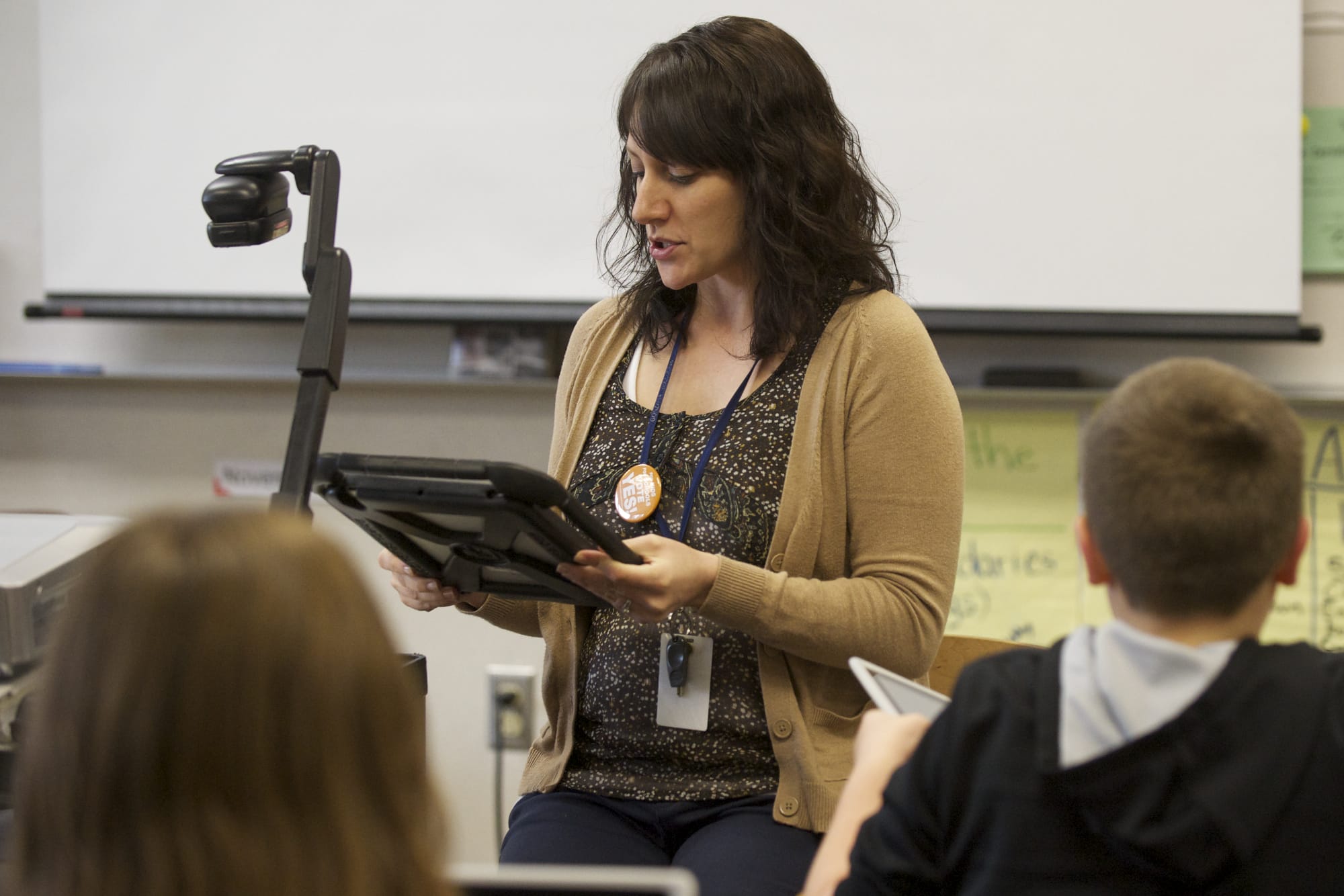 Fifth-grade teacher Erin Hayes' class at Hathaway Elementary School in Washougal use tablets for their daily work.