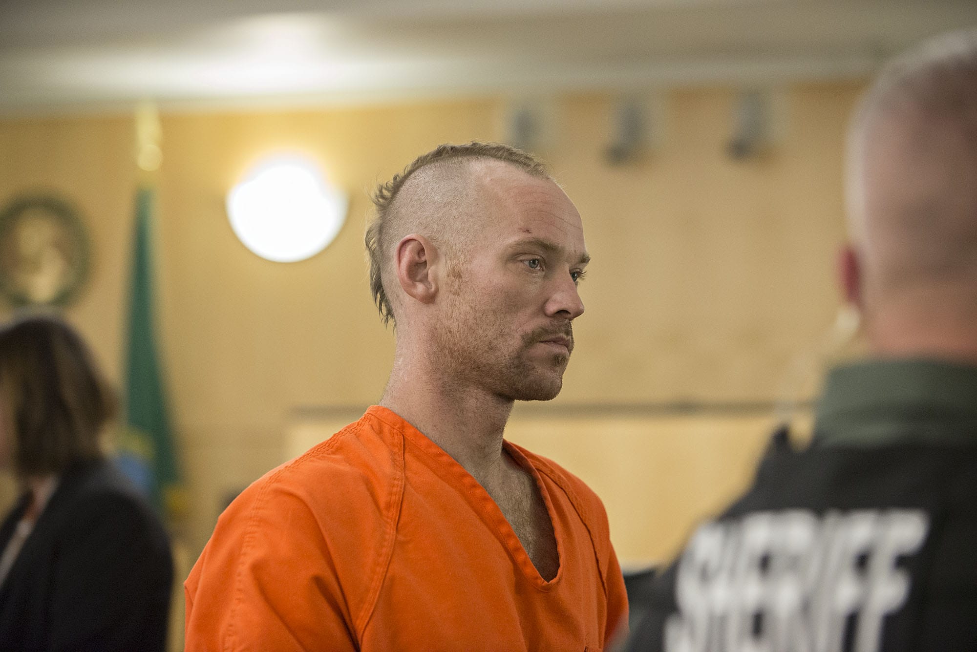 Steven Eric Lewis Jennings, 35, a transient, makes a first appearance Monday in Clark County Superior Court in connection with a US Bank robbery earlier this month.