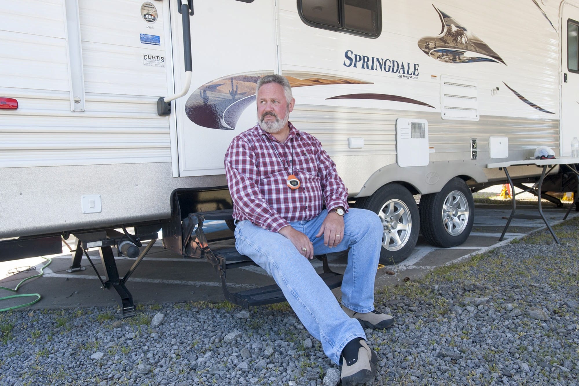 Washougal Mayor Sean Guard hangs out in front of his RV, near the BNSF Railway tracks.