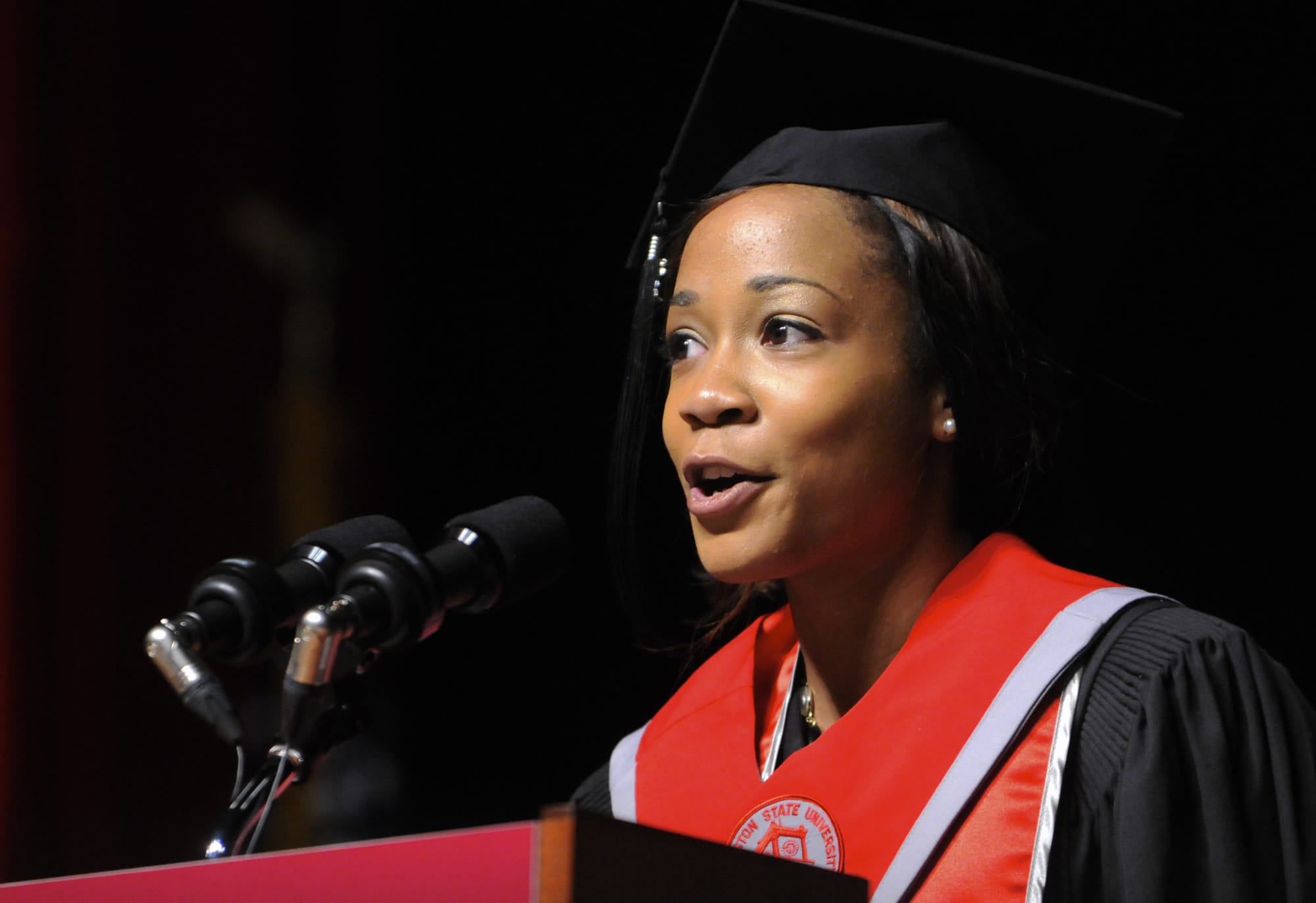 Shavenor Winters, president of Washington State University's Associated students for Vancouver speaks to 2014 graduates during their commencement ceremony in Ridgefield Wa., Saturday May 10, 2014.