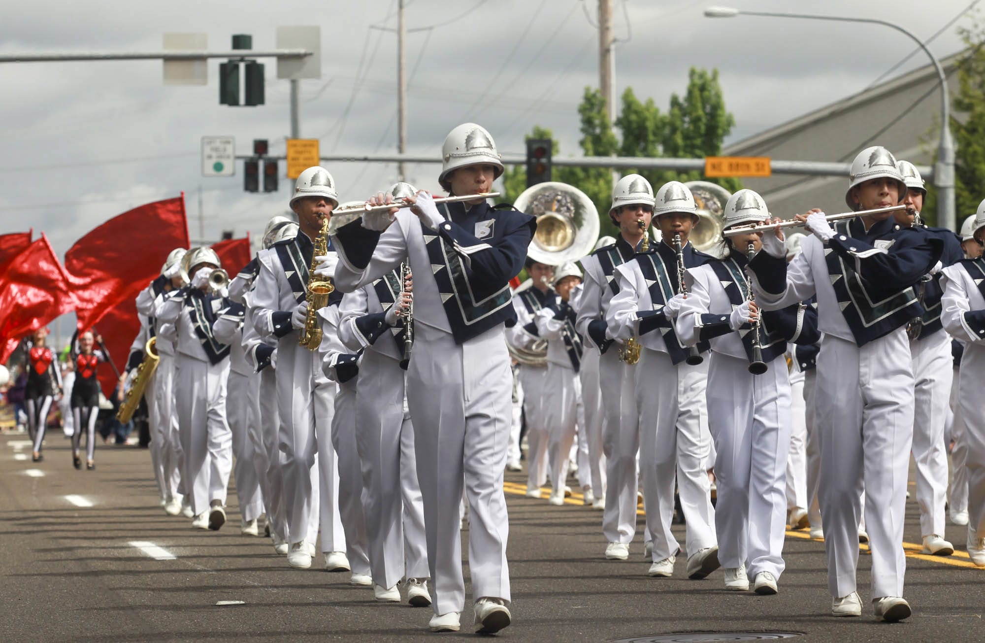 The marching band from Skyview High School performs Saturday in the 50th anniversary Hazel Dell Parade of Bands.