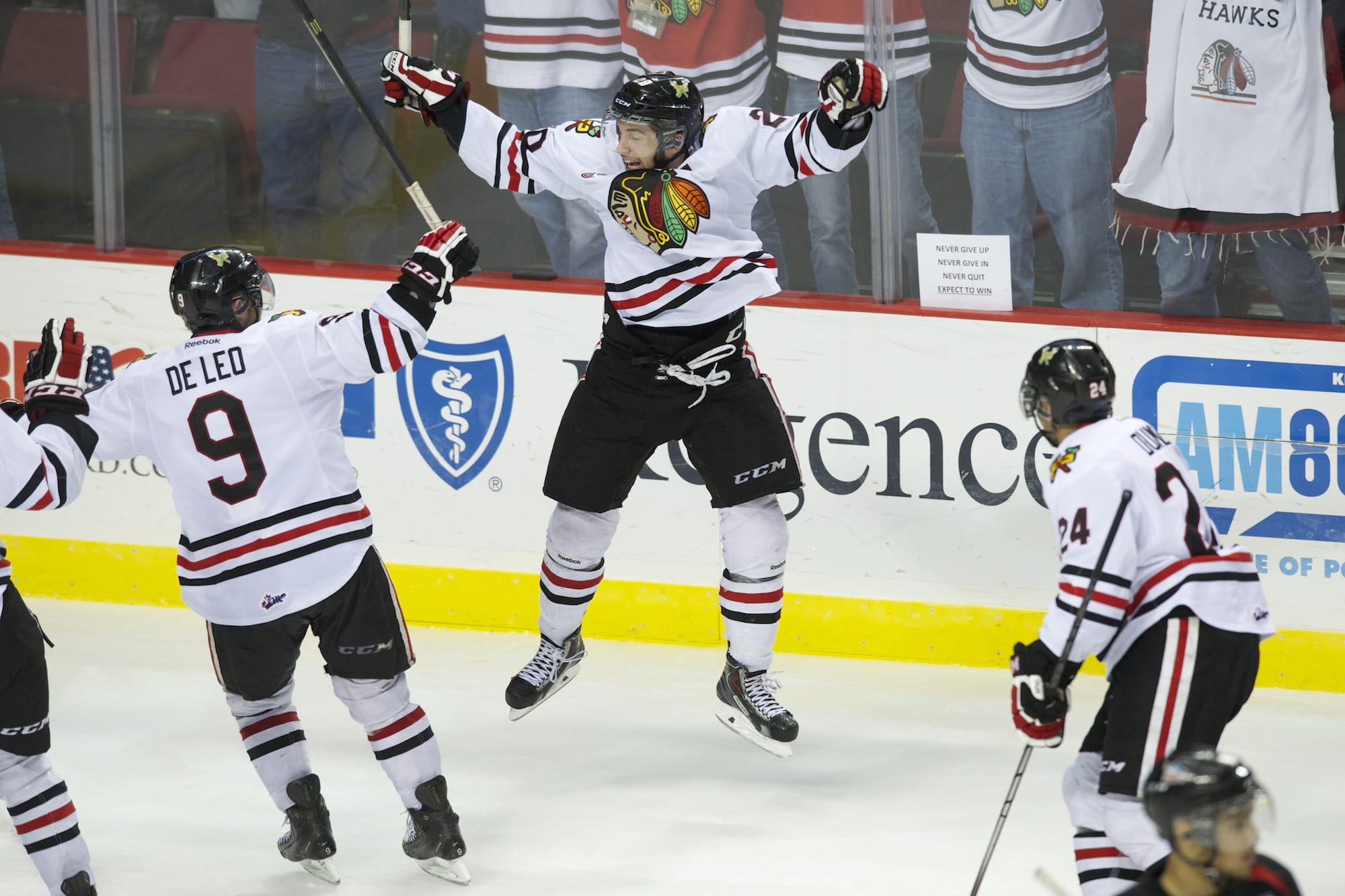 The Portland Winterhawks' Taylor Leier celebrates with teammates after scoring the game-winner in overtime against Kelowna in the WHL Western Conference Finals.