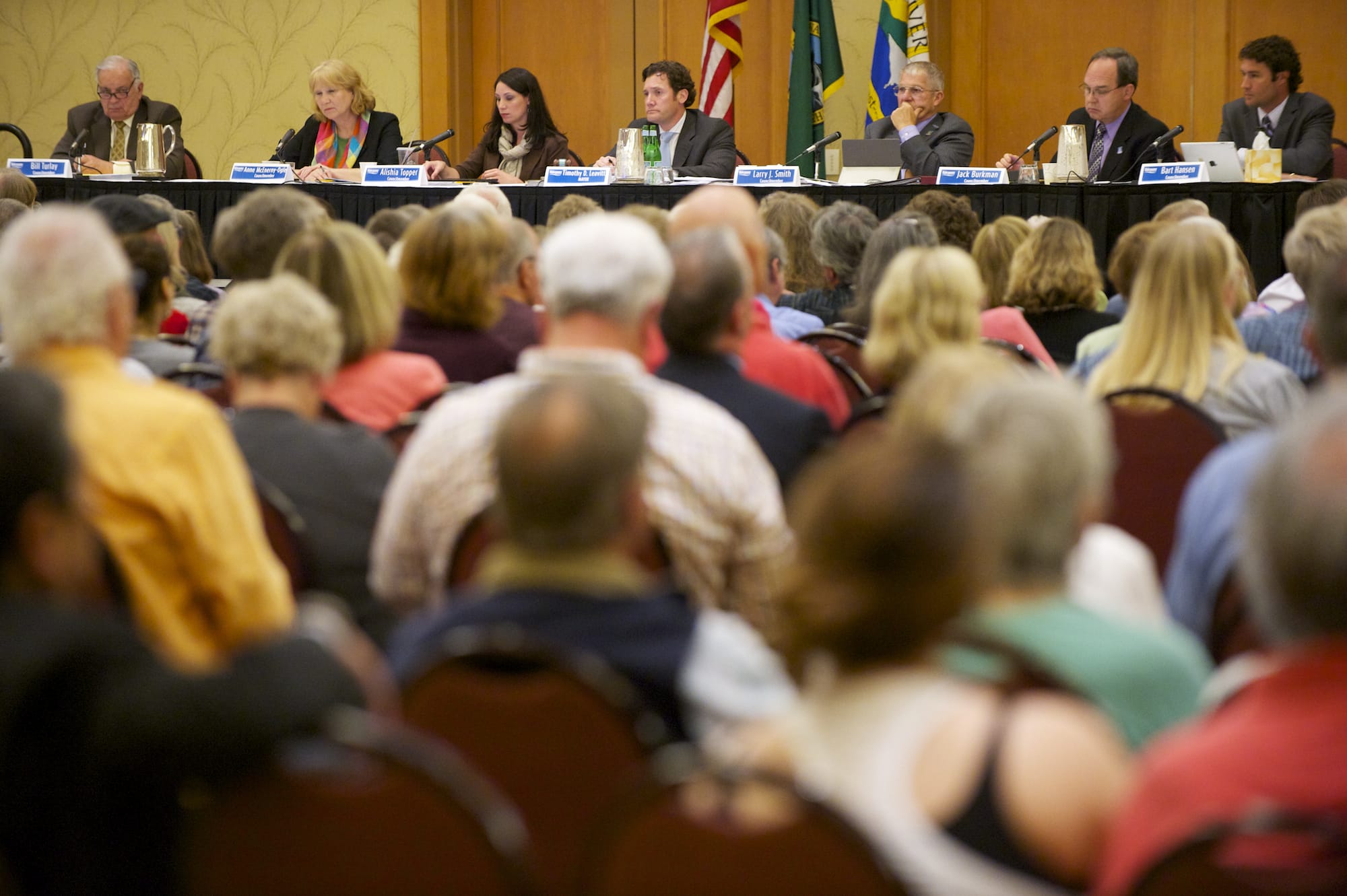 The Vancouver City Council hears public testimony on the proposed Tesoro-Savage oil terminal Monday at the Hilton Vancouver Washington in downtown Vancouver.