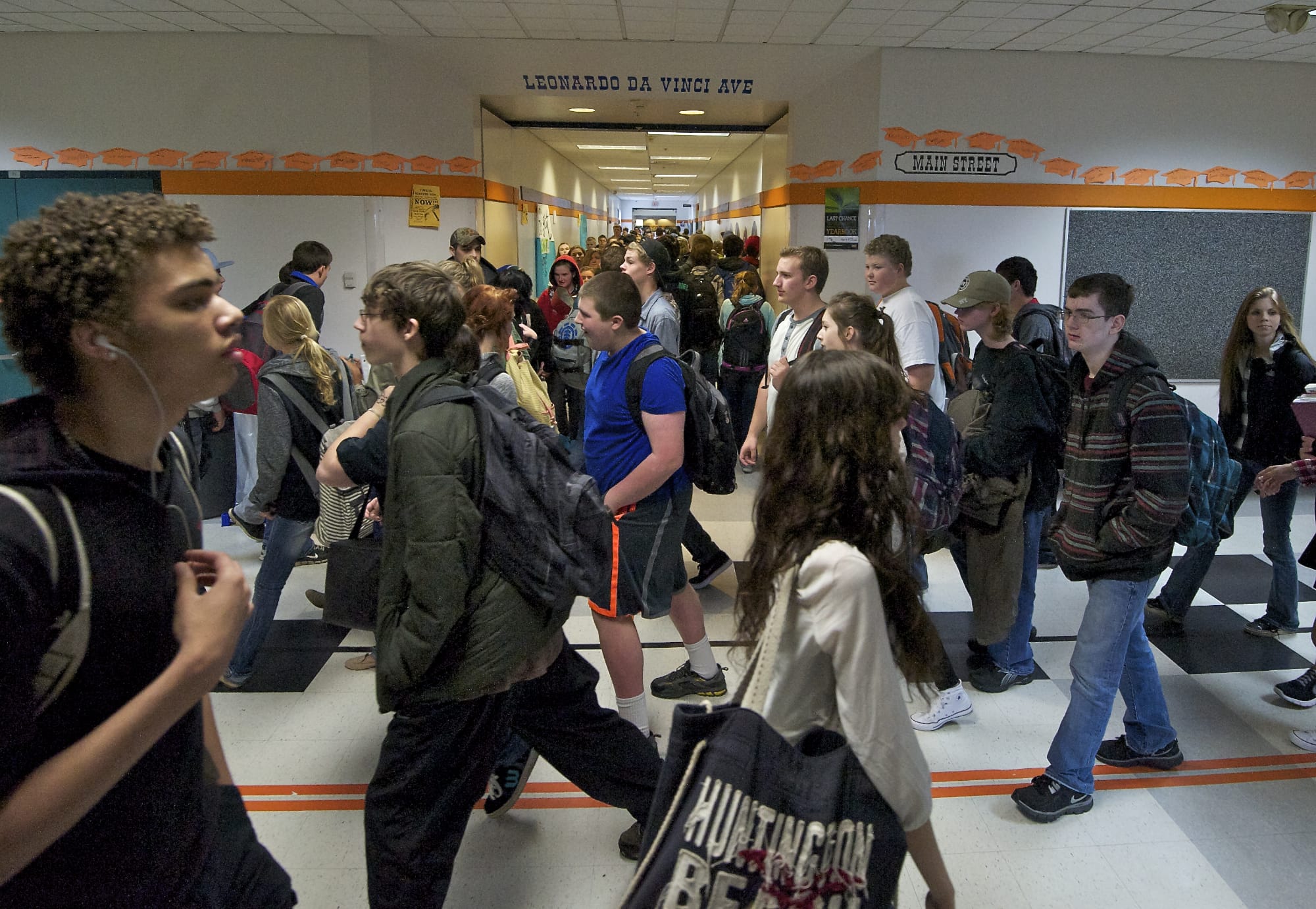 Hundreds of students fill the halls at Battle Ground High School on their way back to class after lunch on May 6.