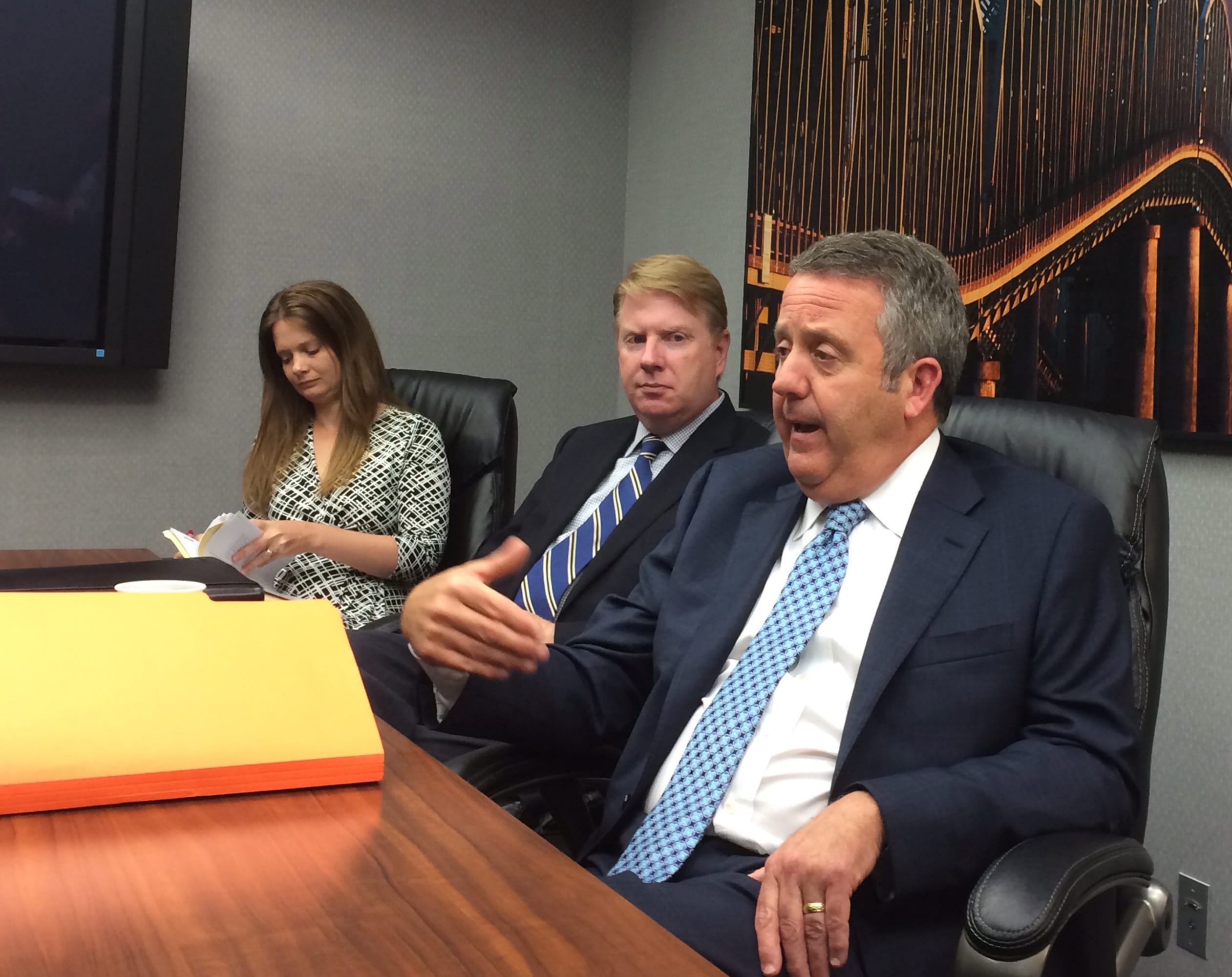 BNSF Railway Executive Chairman Matthew Rose, right, meets Tuesday with The Columbian editorial board.