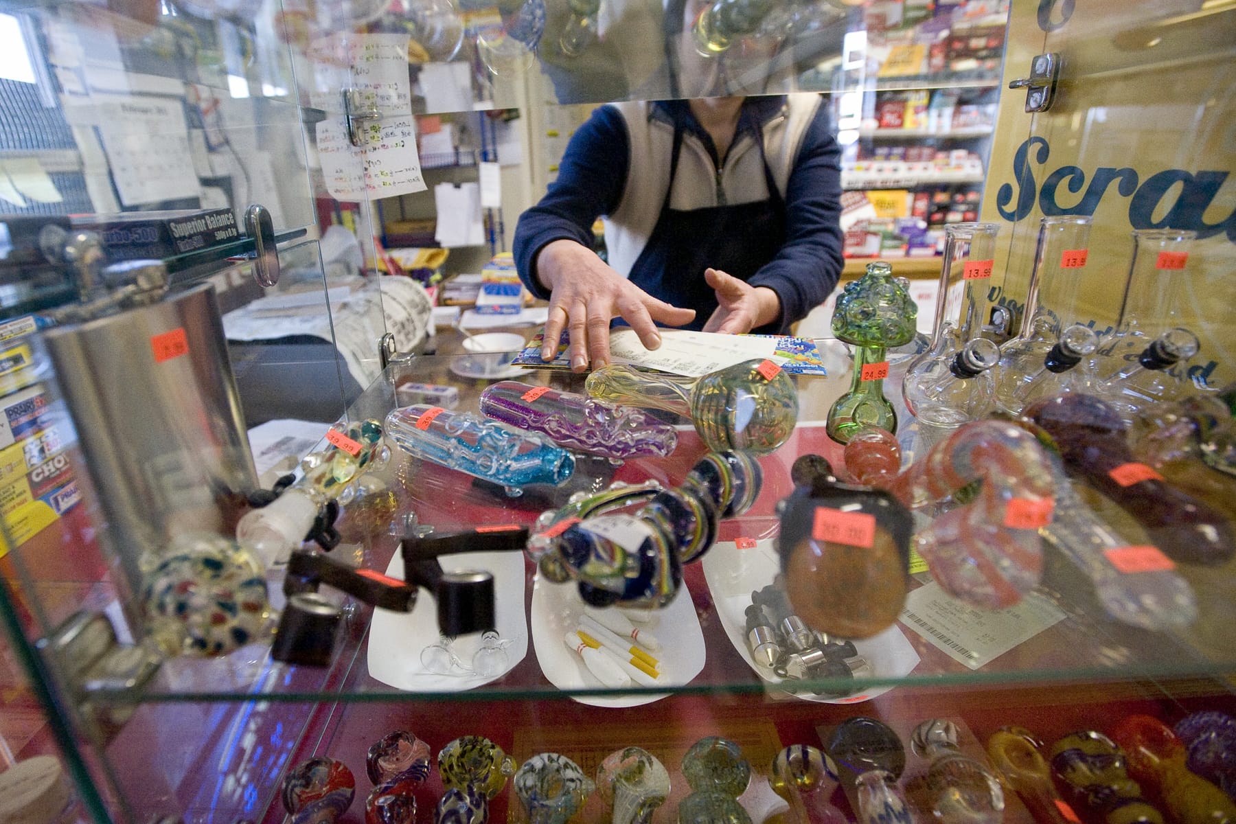Glass smoking pipes, such as these photographed in 2011, will not be allowed in areas open to minors under a new Vancouver law.