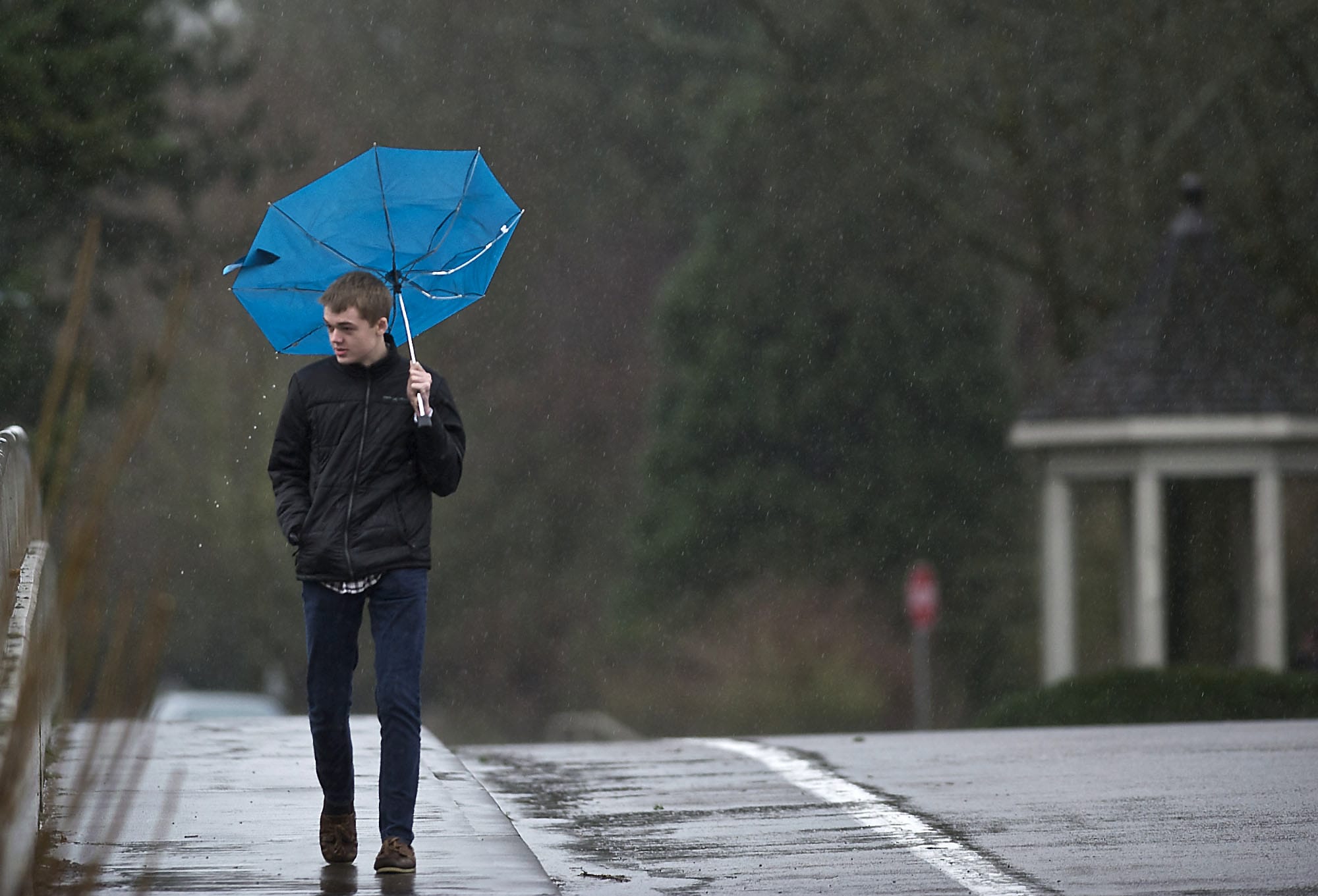 A gust of wind flips Spencer Henry's umbrella up as he walks west on Evergreen Boulevard over Interstate 5 on his way to work Tuesday. A continuing series of storms brought more than a half inch of additional rain, following an inch of rain that fell Monday. Wind gusts were measured as high as 28 mph at Pearson Field. Localized problems, such as flooded streets, were reported.