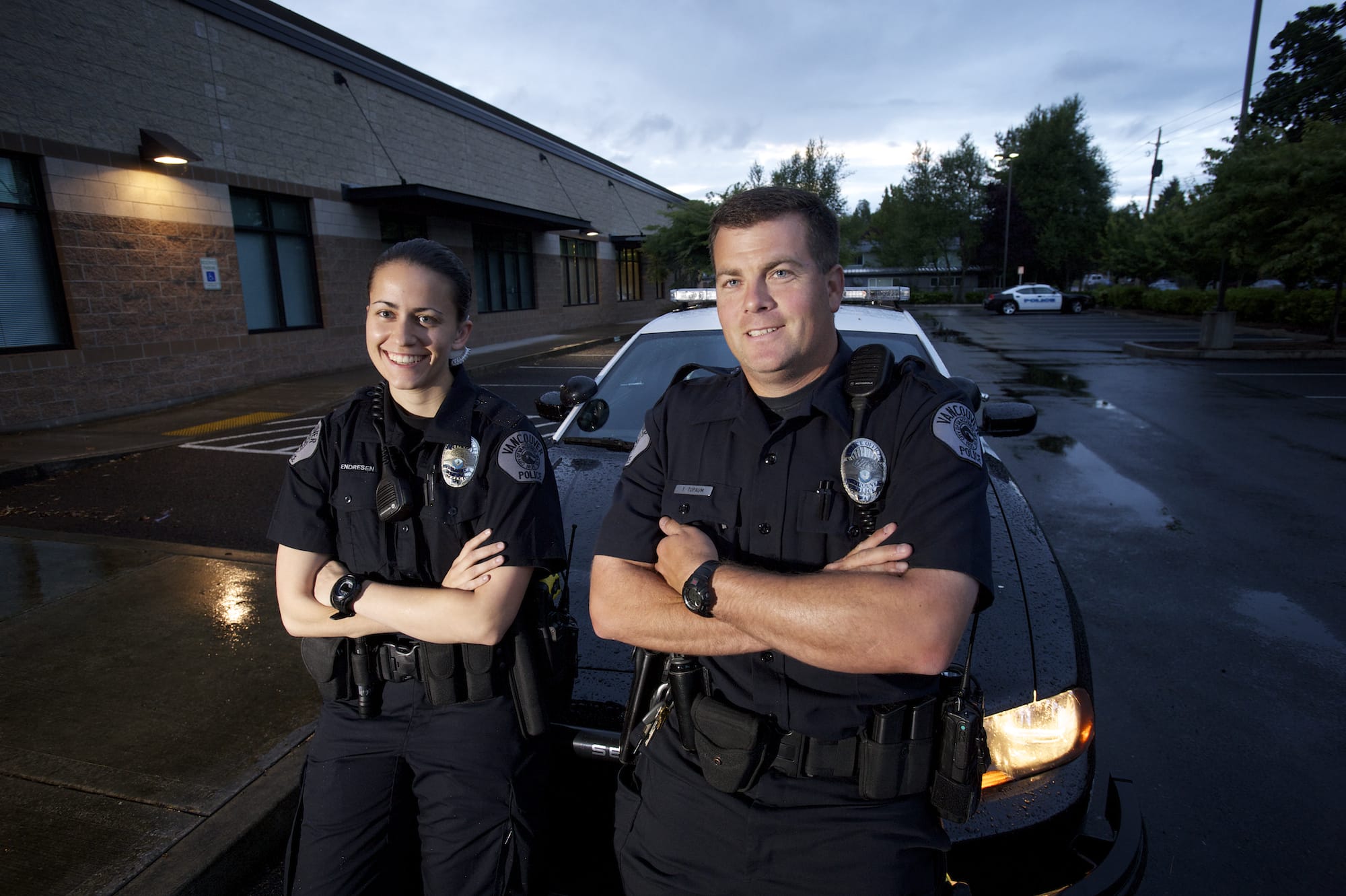 New Vancouver Police officer Katie Endresen, left, and  her field training officer, Tom Topaum.