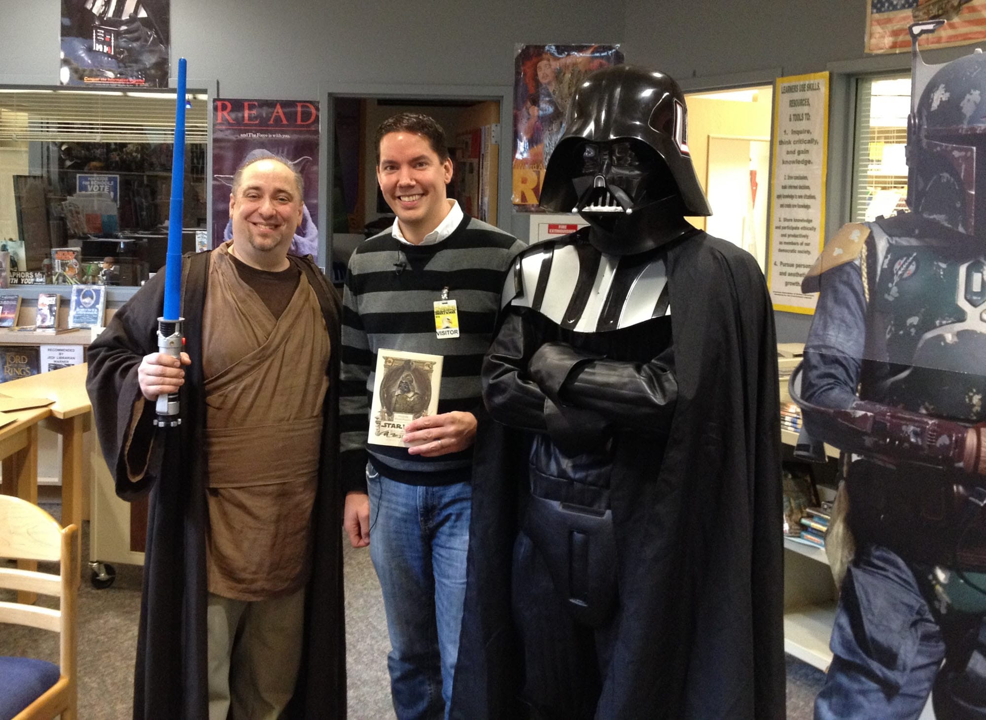 Shahala Middle School: Visiting author and Shakespeare wannabe Ian Doescher, center, with Jedi Master (and teacher-librarian) Paul Warner, left.
