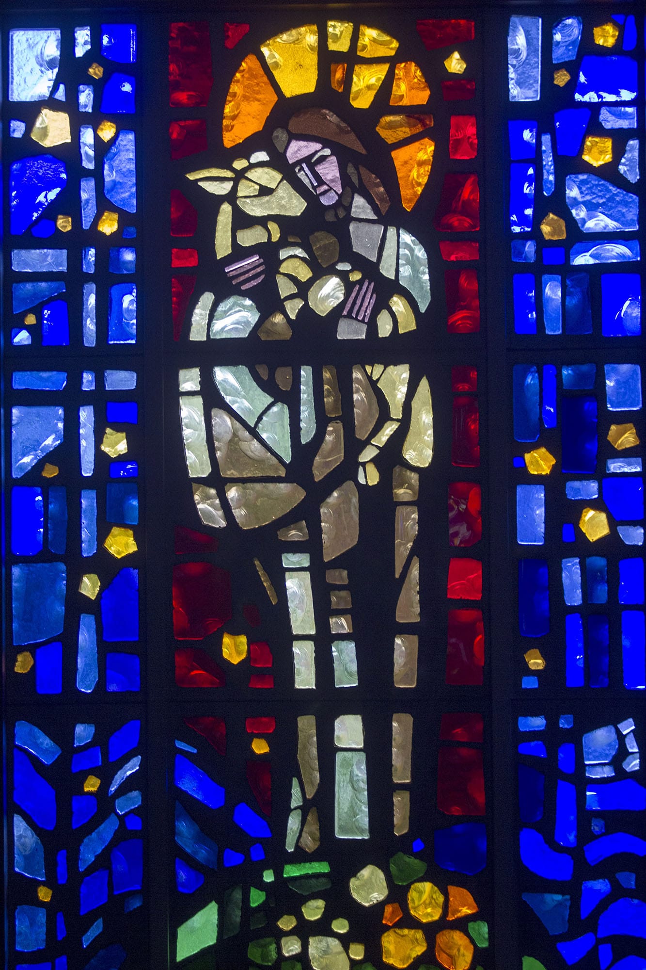 In 1967, the first in a series of 19 windows created by French glass artists Gabriel and Jacques Loire, using slabs of cast glass, was installed; the most recent was added in 1998. &quot;Jubilate Deo,&quot; directly above, by Gabriel Loire, was installed in 1972.