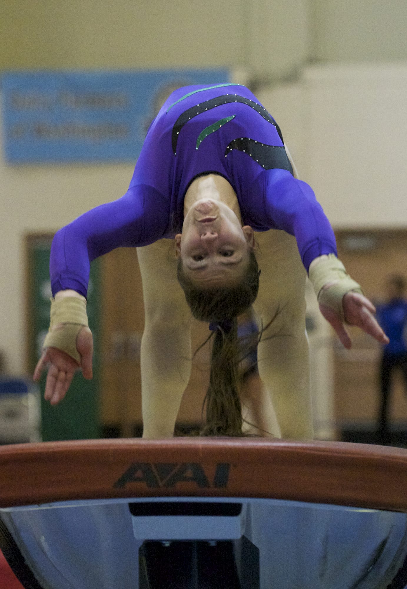 Nicole Moss of Heritage competes on the vault at the 4A state gymnastics meet Friday in Tacoma.