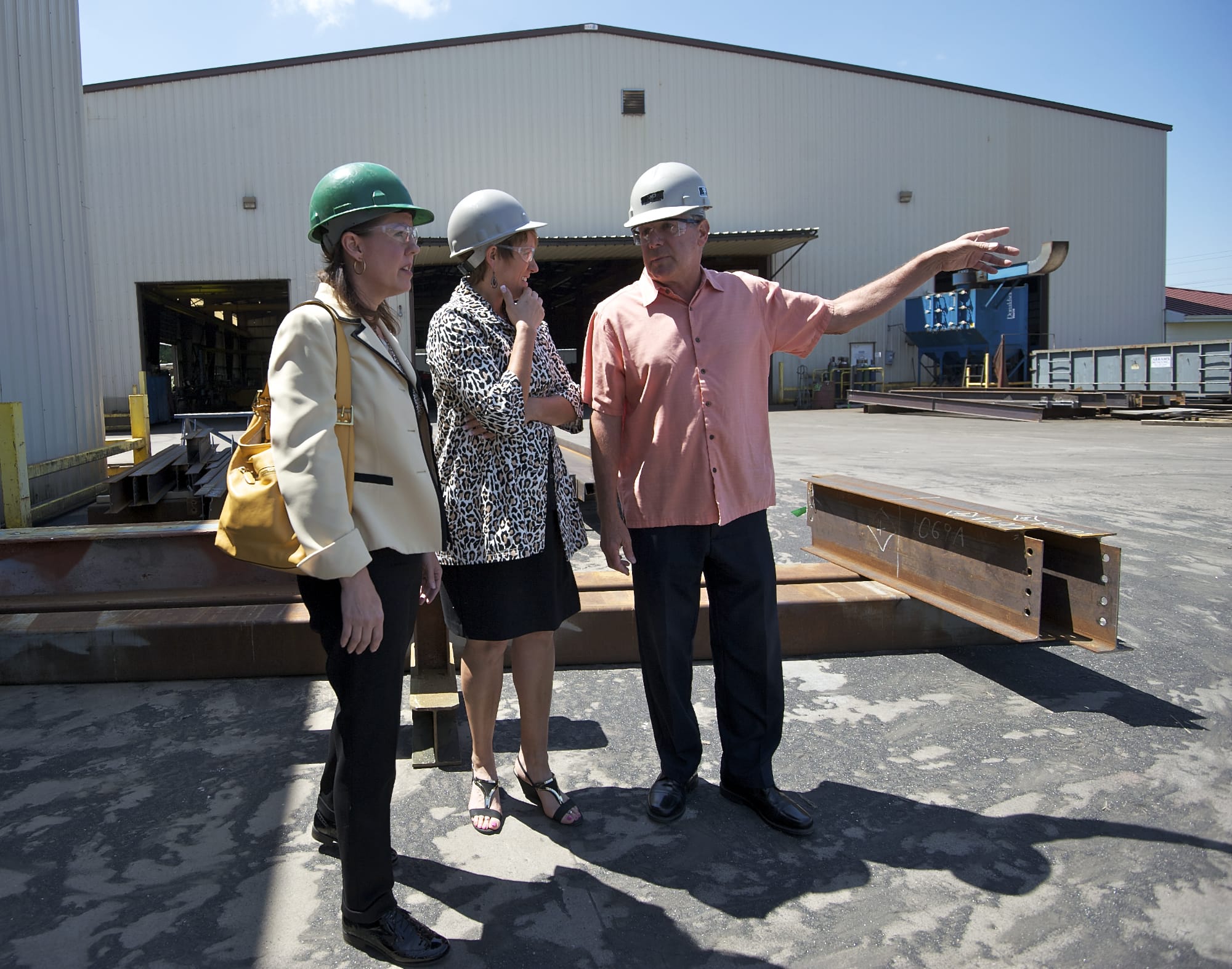 State Sen. Ann Rivers, R-La Center, from left, and state Rep. Liz Pike, R-Camas, tour Fabrication Products Inc. in Vancouver with owner Ron Jones on Monday.