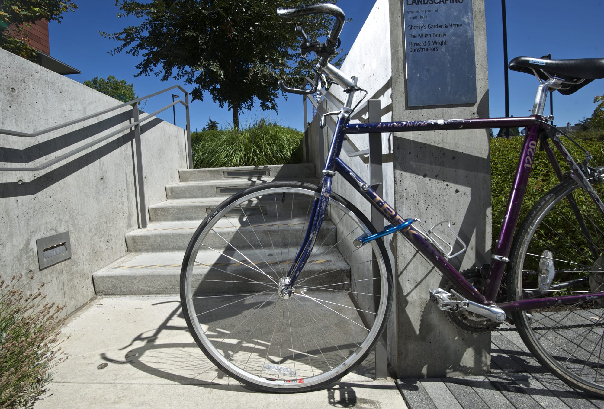 A bicycle sits locked up outside the Vancouver Community Library in downtown Vancouver.