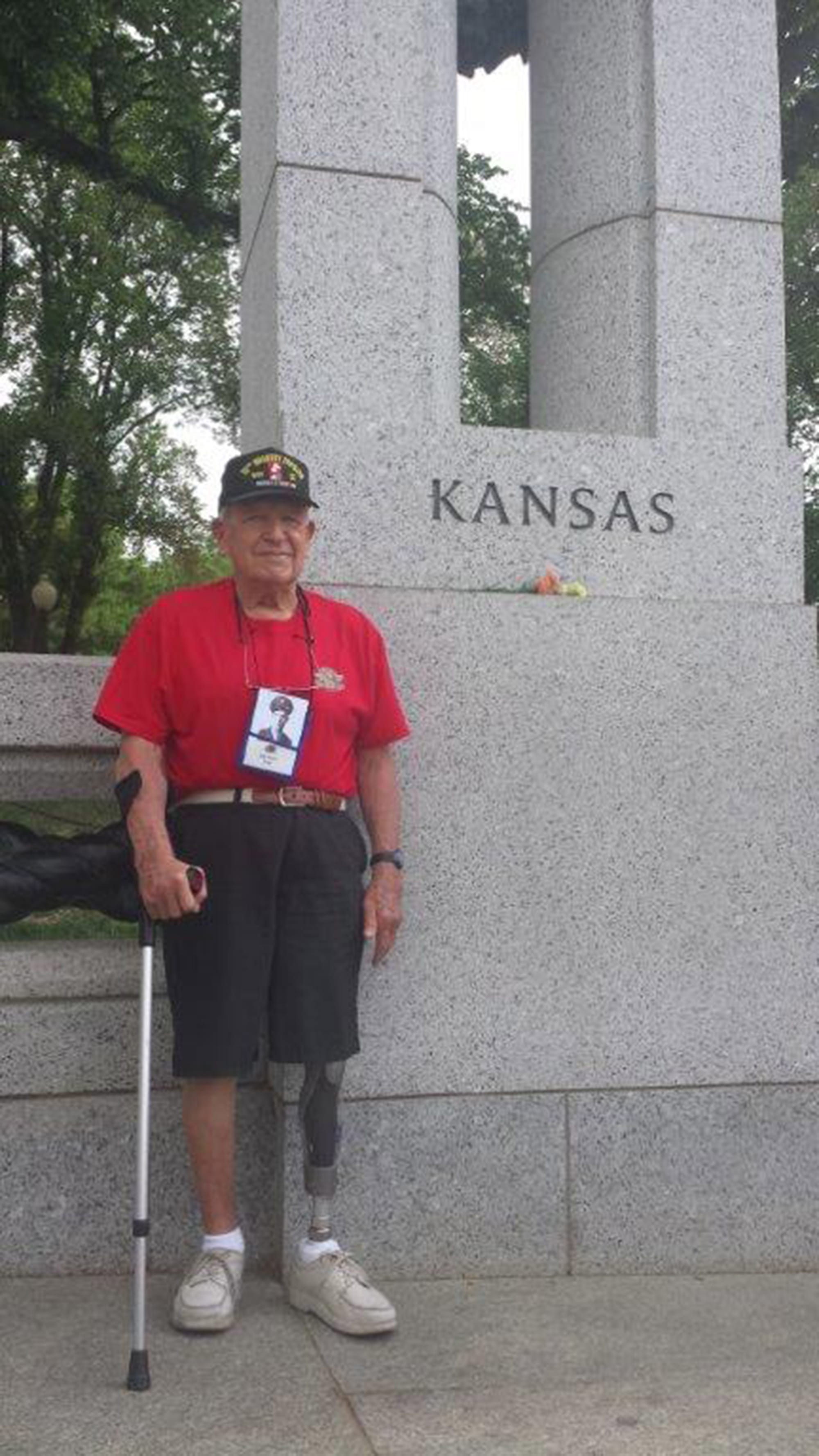 World War II veteran and former POW Dale Bowlin stands with his home state&#039;s column in the National World War II Memorial in Washington, D.C.