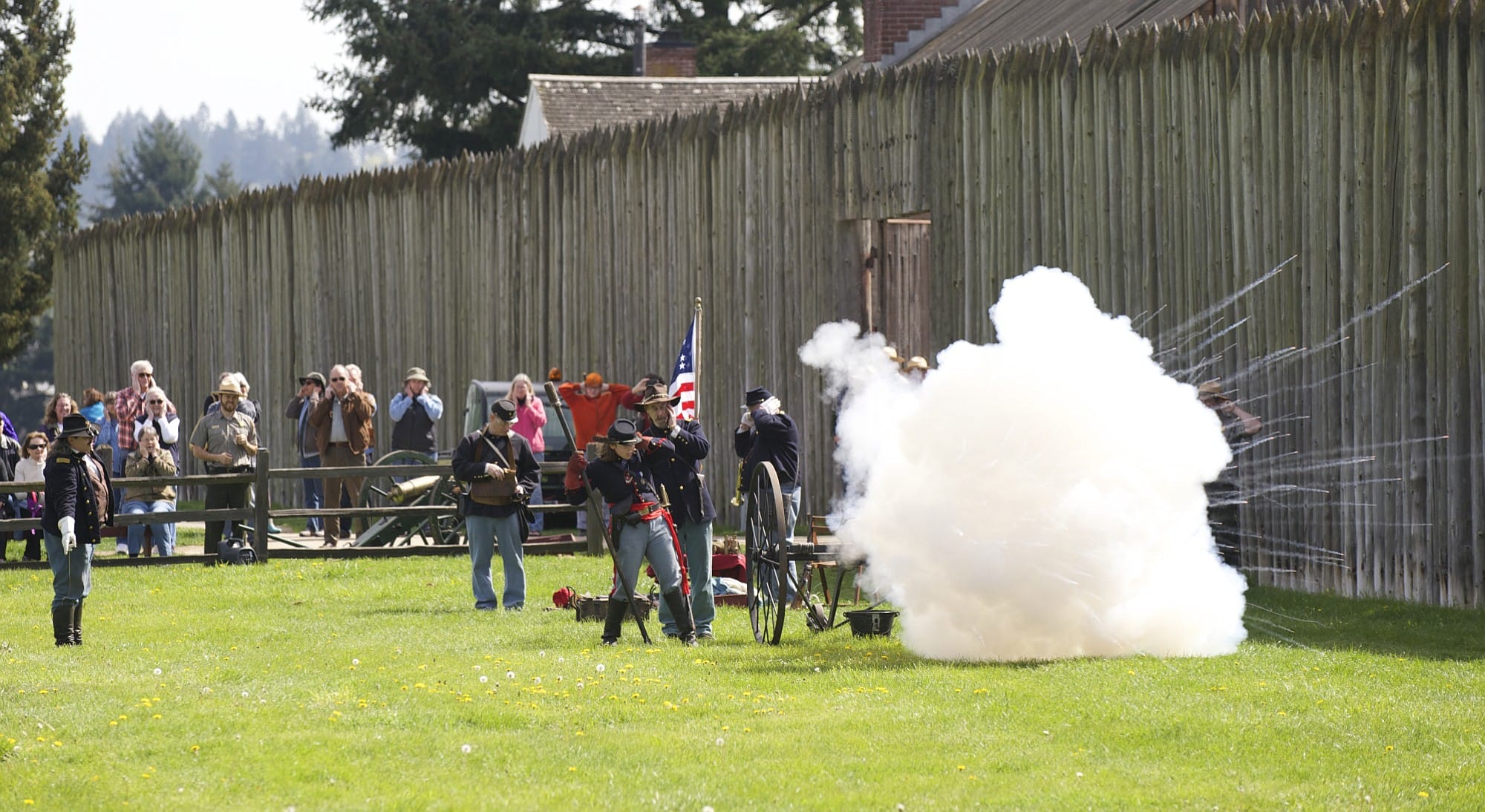 Re-enactors at Fort Vancouver fired a howitzer Thursday during a commemoration of the 150th anniversary of the Civil War surrender of General Robert E.