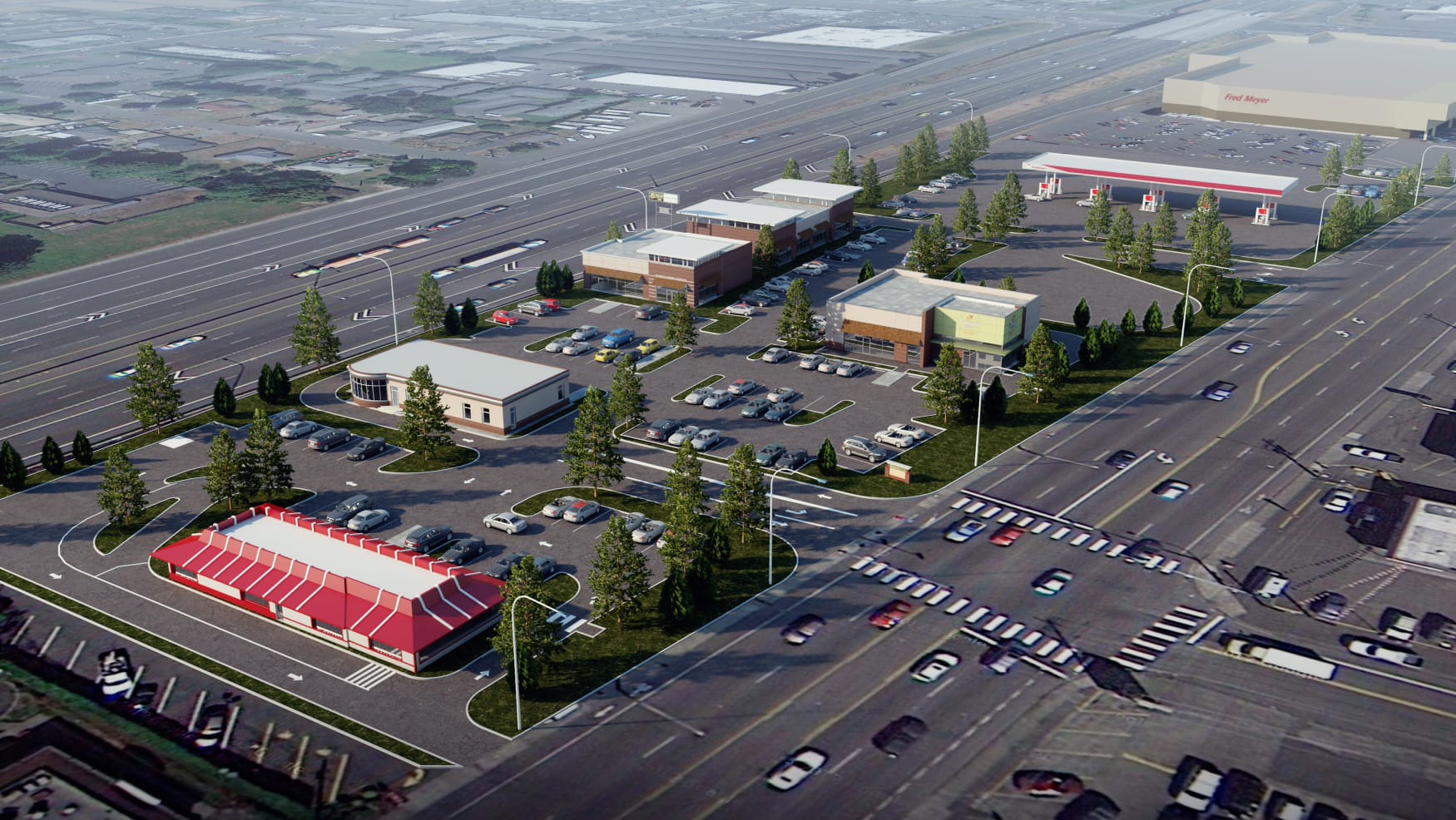 An artist's rendering shows the vision of a planned redevelopment of about 4.4 acres on the west side of Northeast Highway 99. The property now includes a McDonald's, the Steakburger restaurant and its miniature golf course and a building now occupied by the Salvation Army, but owned by Fred Meyer, all of which will be demolished.