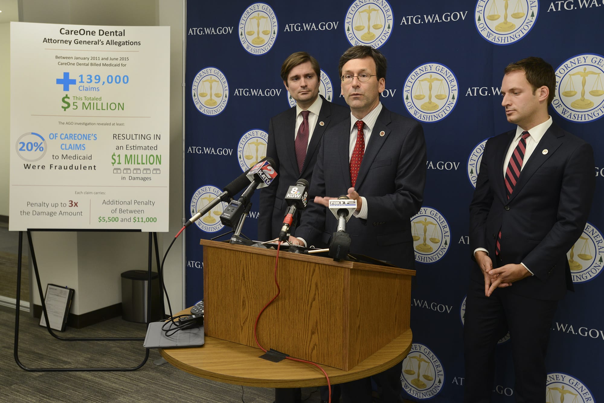Attorney General Bob Ferguson announced a lawsuit against CareOne Dental for as much as $1 million in Medicaid fraud on Sept. 1, 2015, at the Attorney General's Office in Vancouver.