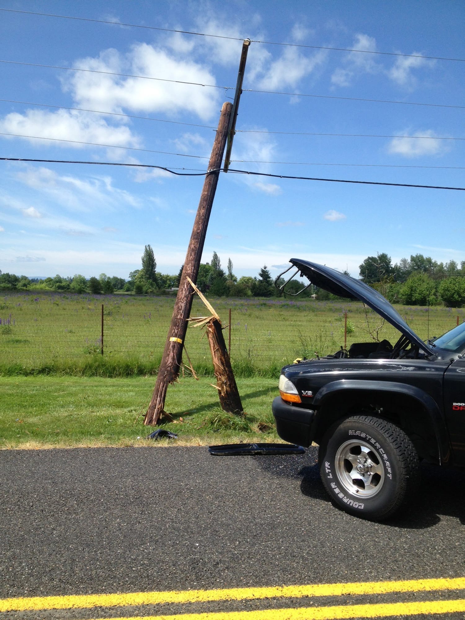 Firefighters responded Wednesday to a single-vehicle crash that split a power pole in two near Northeast 92nd Avenue and 179th Street northeast of Brush Prairie.