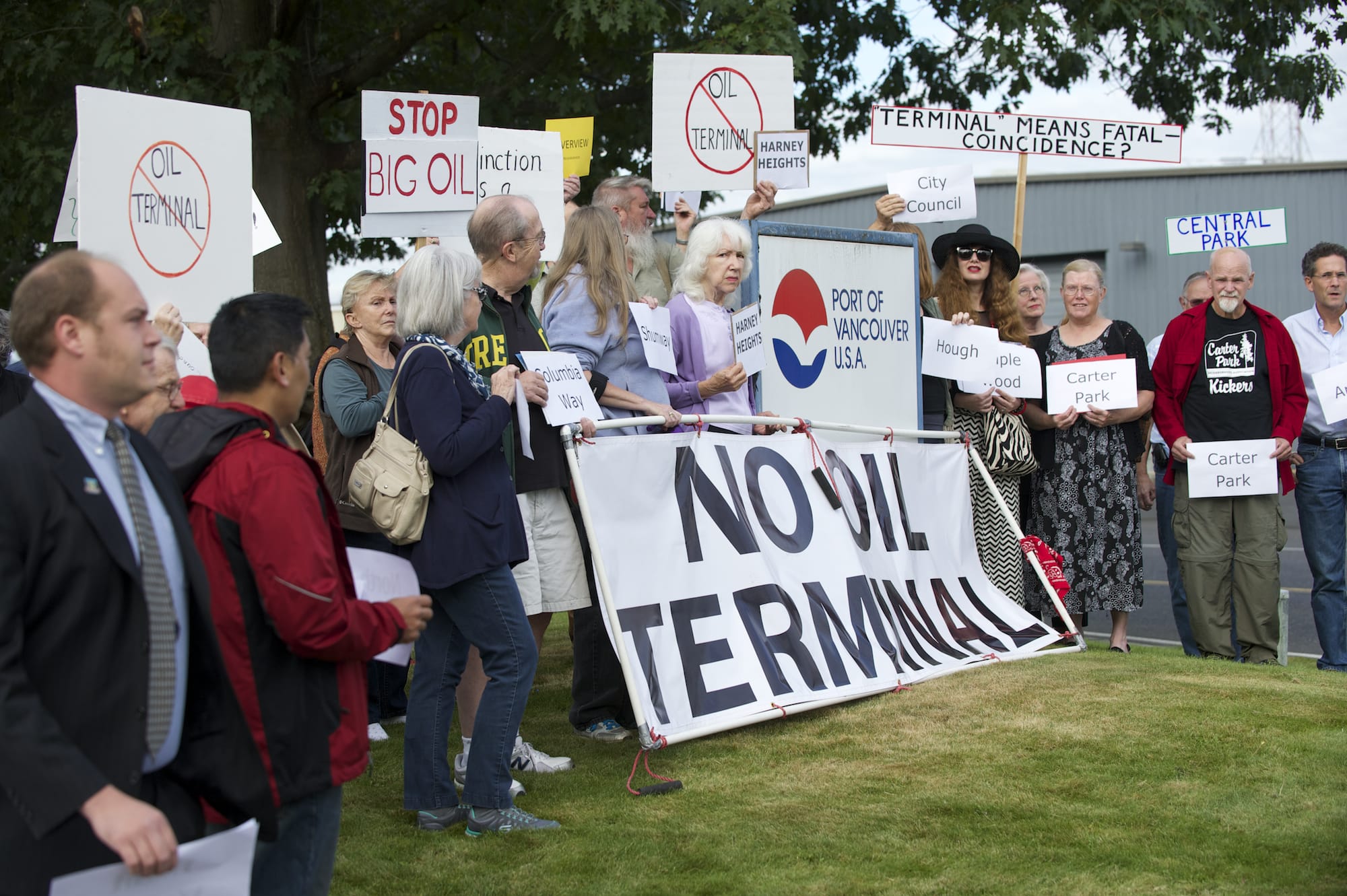 Opponents of building the Northwest's largest oil-by-rail terminal in Vancouver attend the Port of Vancouver's public hearing Tuesday. Leaders of Vancouver neighborhood associations continue to demand that port commissioners hold a public hearing to reconsider its lease with Tesoro Corp.