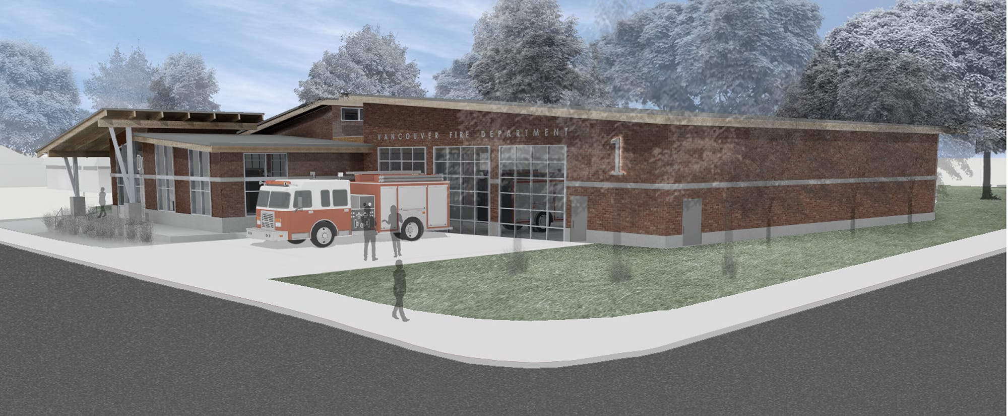 Artist's rendering of the apparatus bay at the new fire station planned for Uptown Village at Northeast Fourth Plain Boulevard and Main Street in Vancouver.