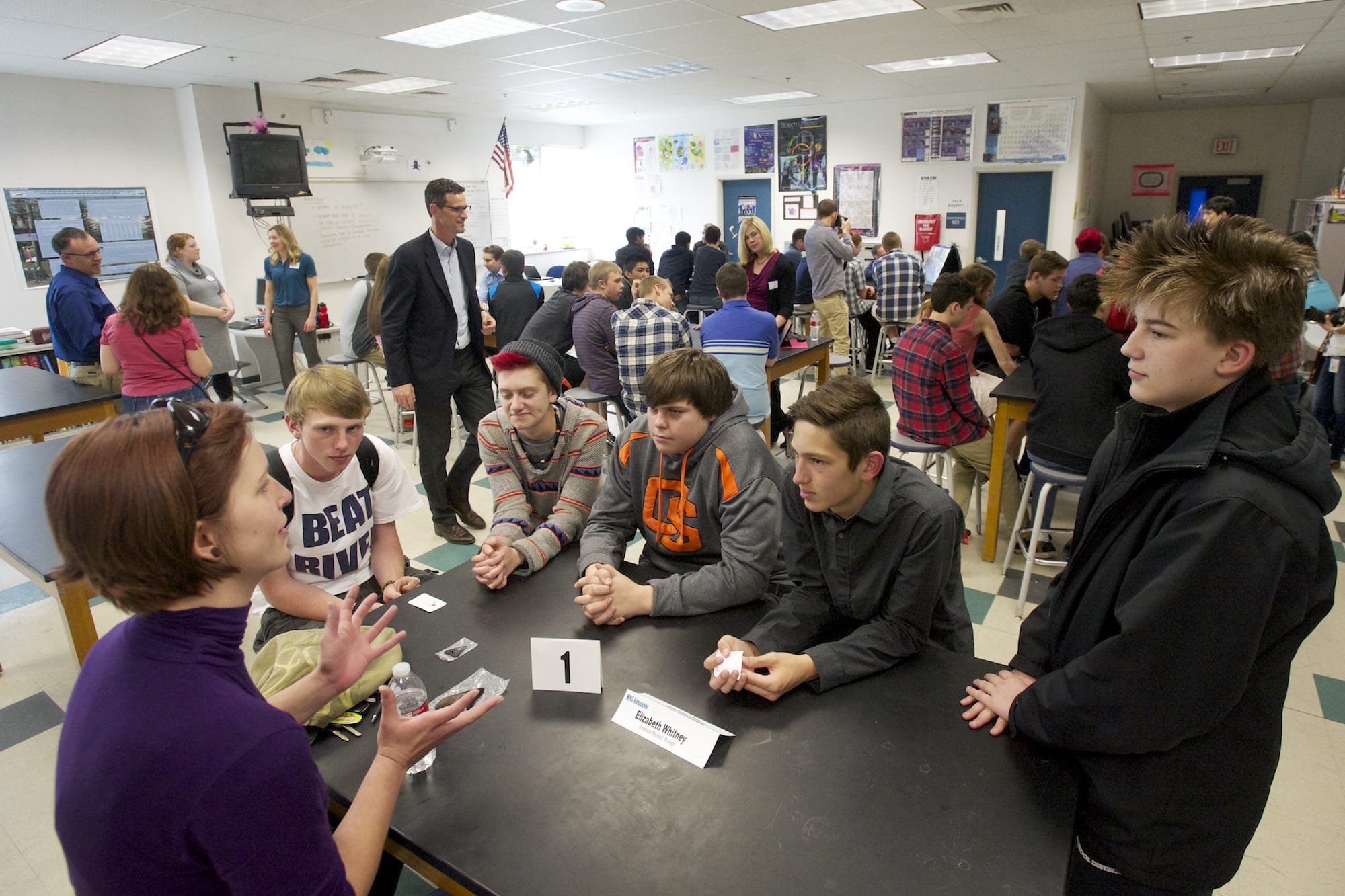 WSUV biology graduate student Elizabeth Whitney speaks to a group of students Friday during a speed networking event at Skyview High School on Friday.