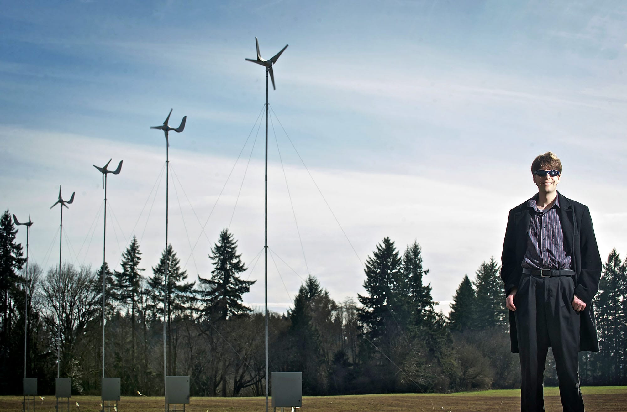 Stephen Solovitz, a mechanical engineering instructor at Washington State University Vancouver, manages a small-scale wind farm recently installed on campus.