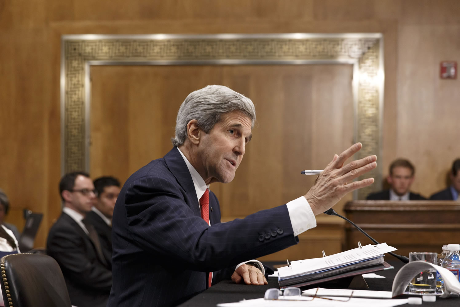 Secretary of State Kerry testifies on Capitol Hill in Washington on Tuesday before the Senate Foreign Relations Committee to discuss his budget and the status of diplomatic hot spots.