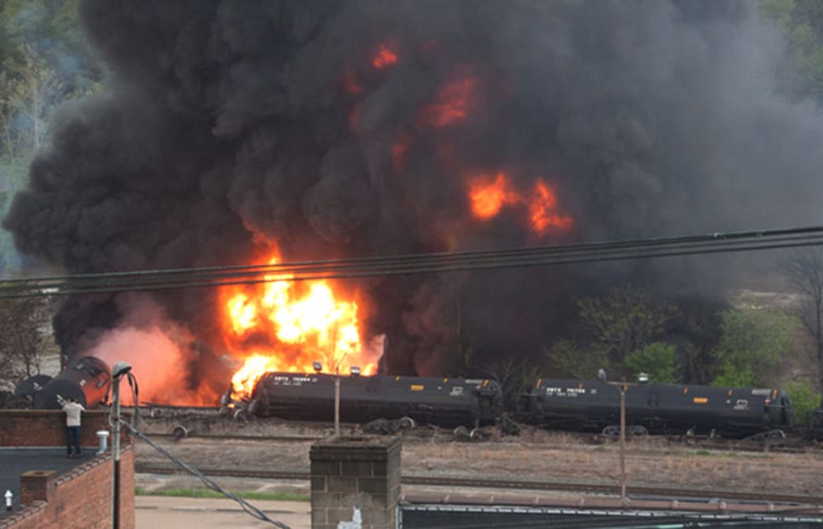Several CSX tanker cars carrying crude oil are in flames after derailing in downtown Lynchburg, Va., on Wednesday.