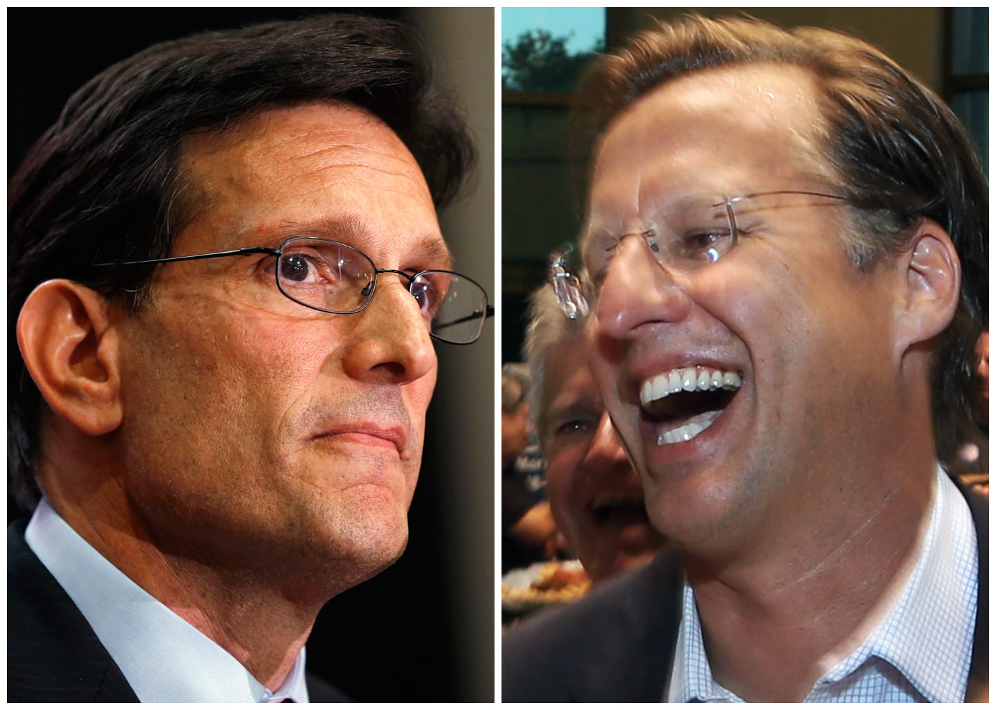 In this combination of Associated Press photos, House Majority Leader Eric Cantor, R-Va., left, and Dave Brat, right, react after the polls close Tuesday in Richmond, Va.