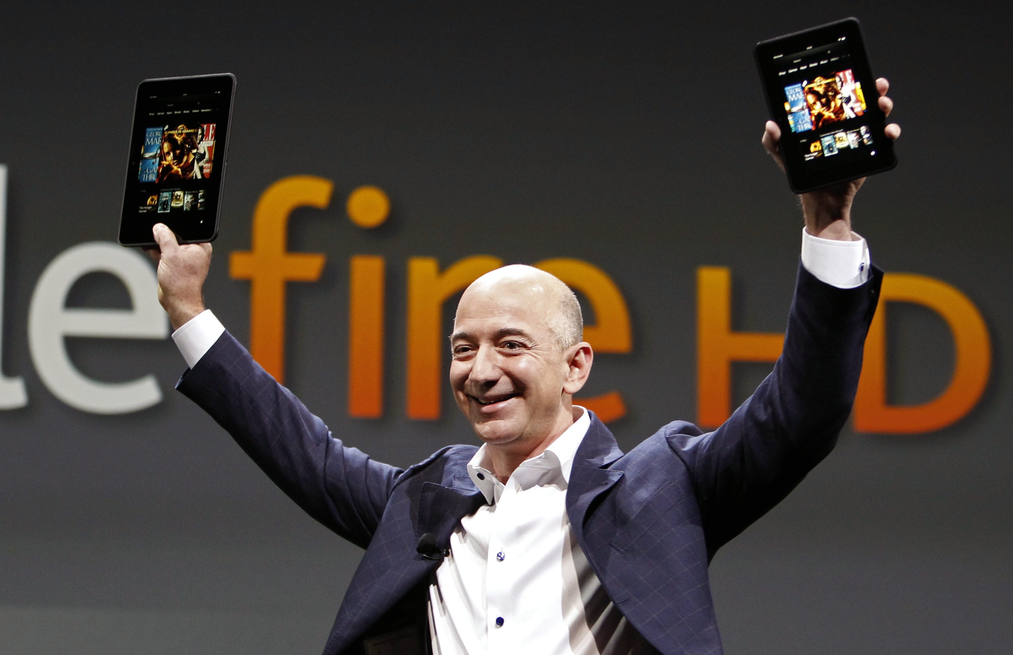 Jeff Bezos, CEO and founder of Amazon, introduces the Kindle Fire during a 2012 event in Santa Monica, Calif.