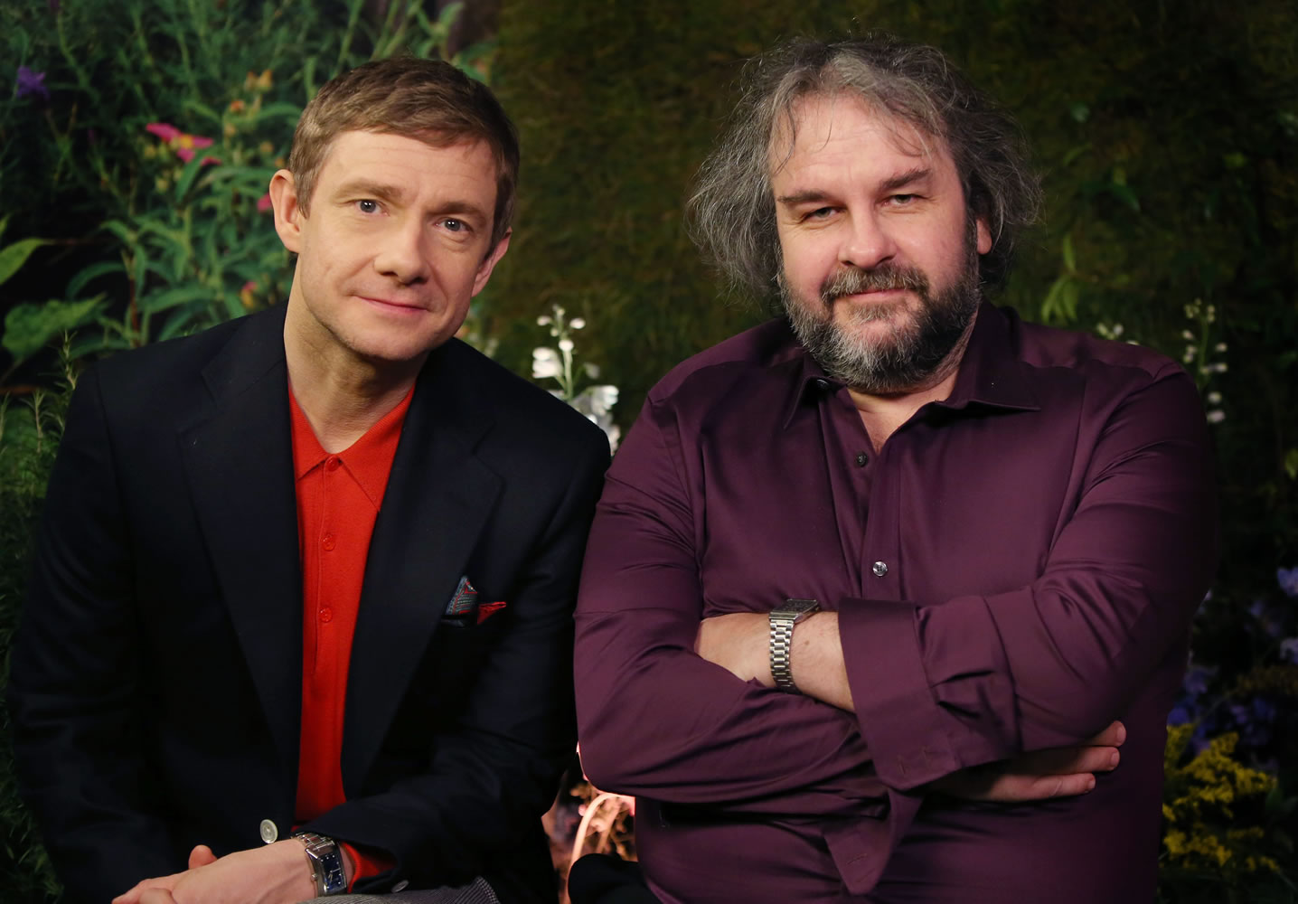 British actor Martin Freeman, left, and director Peter Jackson from New Zealand pose for photographs Dec. 1 in the Claridges suite in west London. Freeman stars at Bilbo Baggins in &quot;The Hobbit, Battle of the Five Armies,&quot; the final film in Jackson's &quot;Hobbit&quot; trilogy.