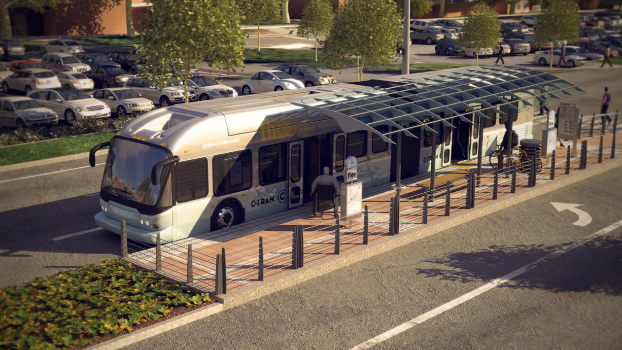 A Bus Rapid Transit vehicle stops at the median of Fort Vancouver Way at Clark College in this artist's rendition of C-Tran's proposed system.