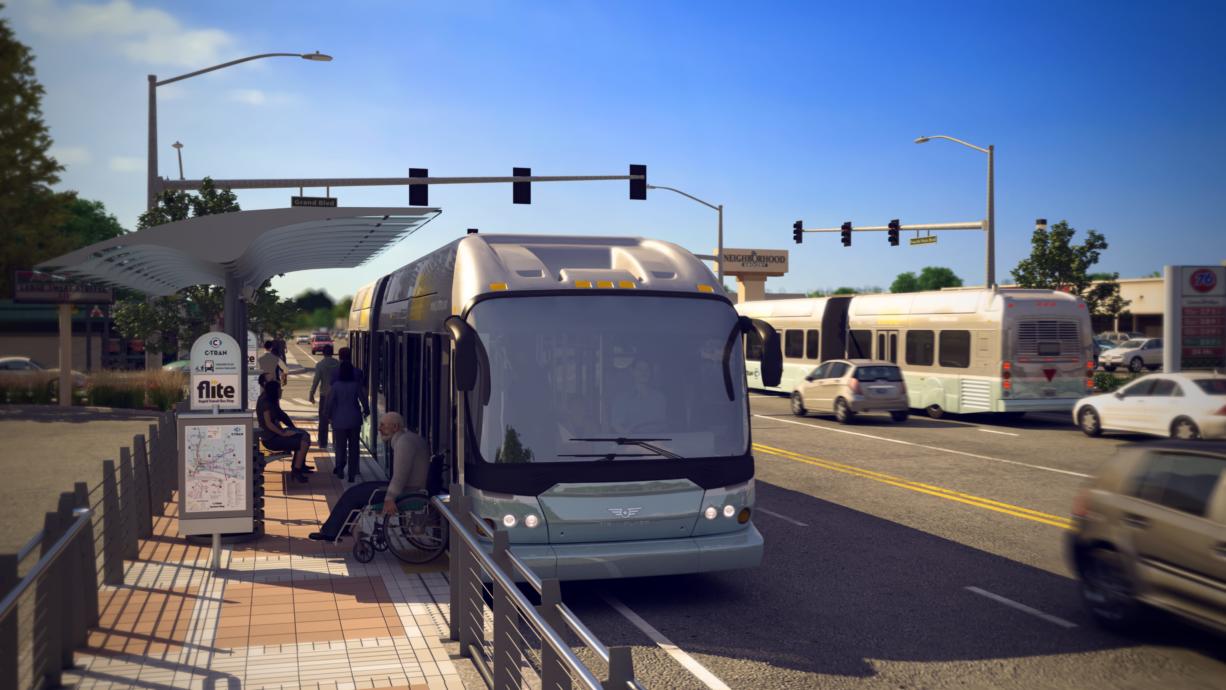 A Bus Rapid Transit vehicle stops on the side of East Fourth Plain Boulevard at Grand Boulevard in this artist's rendition of C-Tran's proposed system.