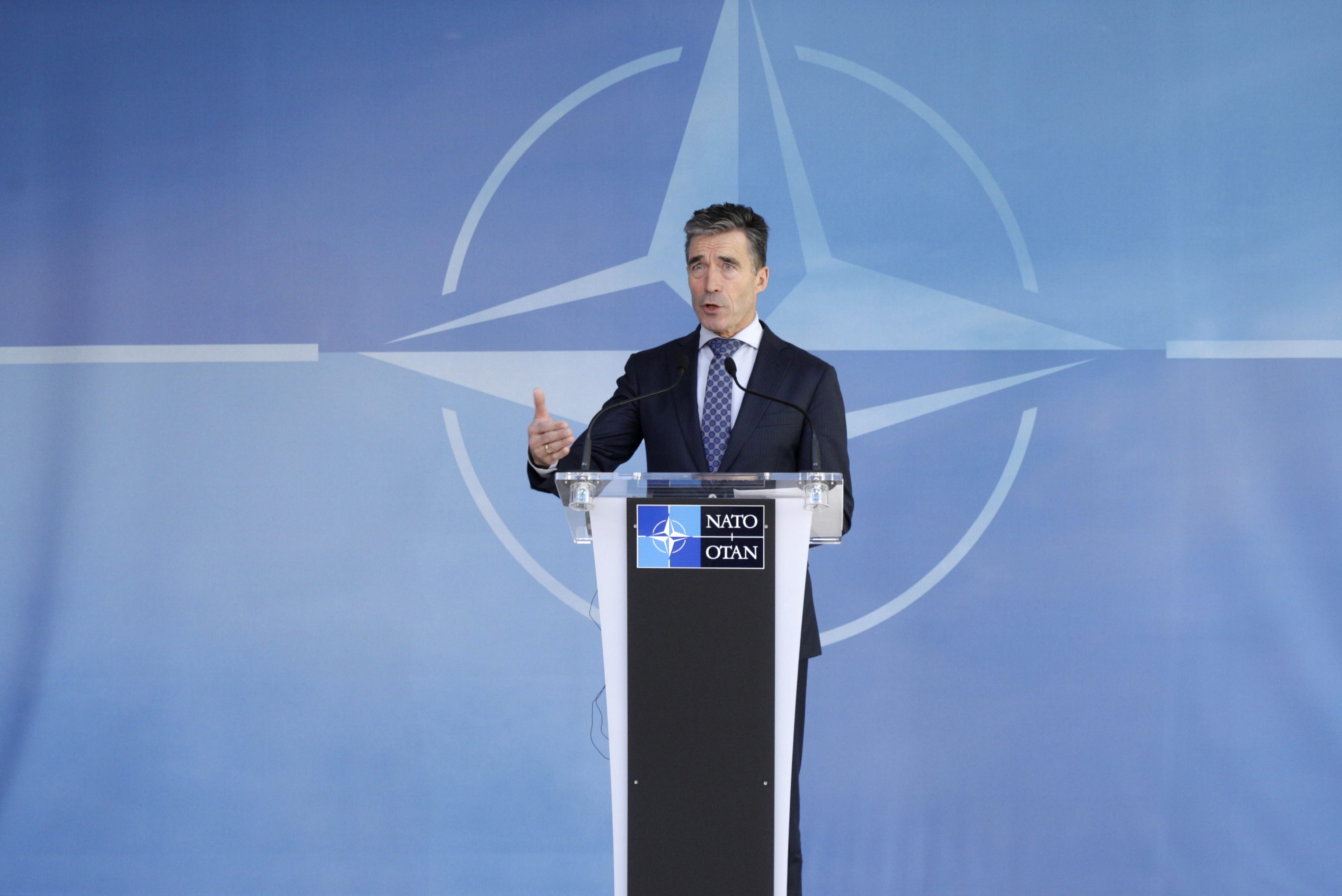 NATO Secretary General Anders Fogh Rasmussen addresses the media after an NATO Ambassadors Council at NATO headquarters in Brussels on Wednesday.