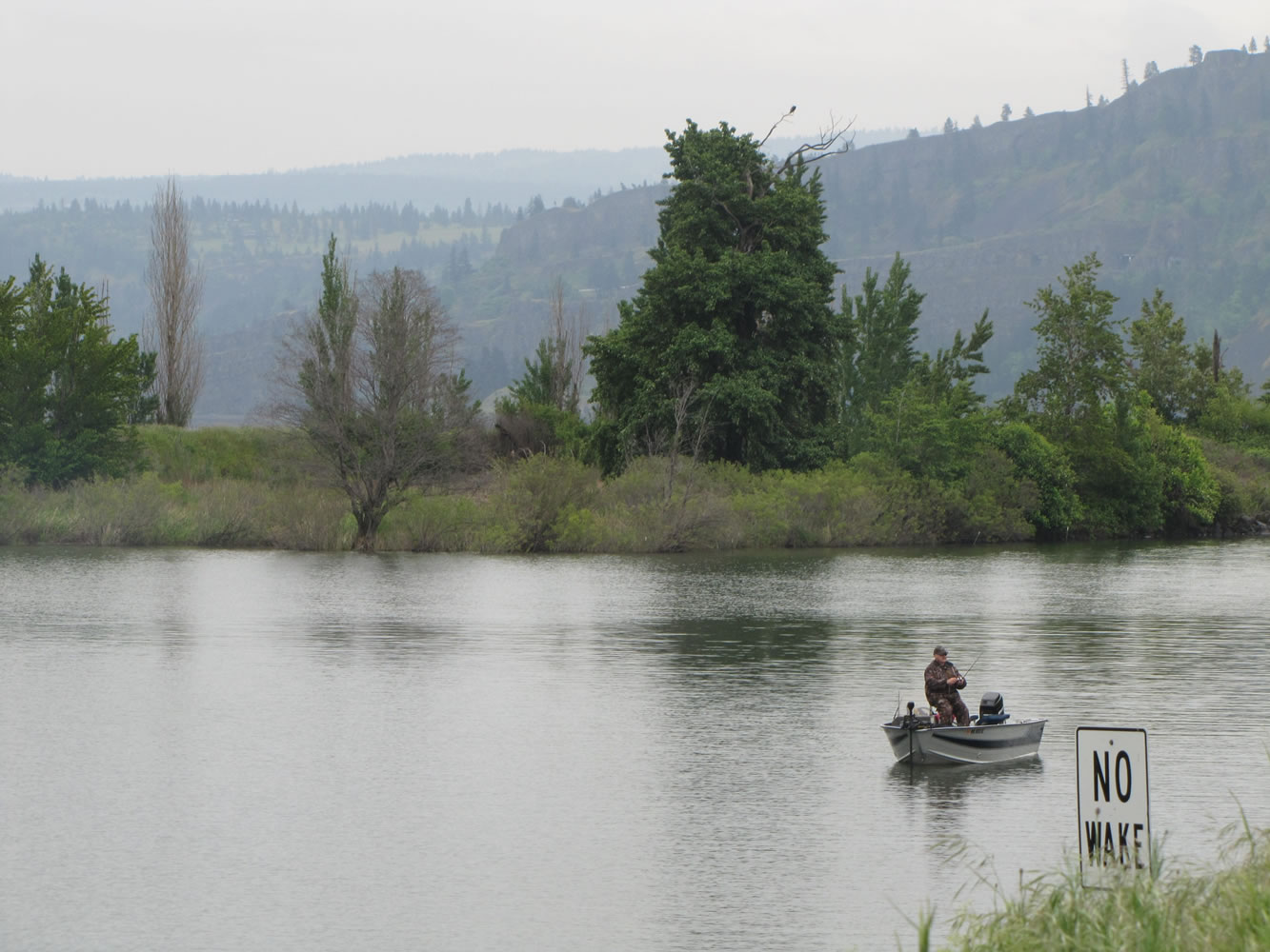 A bass angler tries his luck in a backwater of the Columbia River at Bingen in Klickitat County.