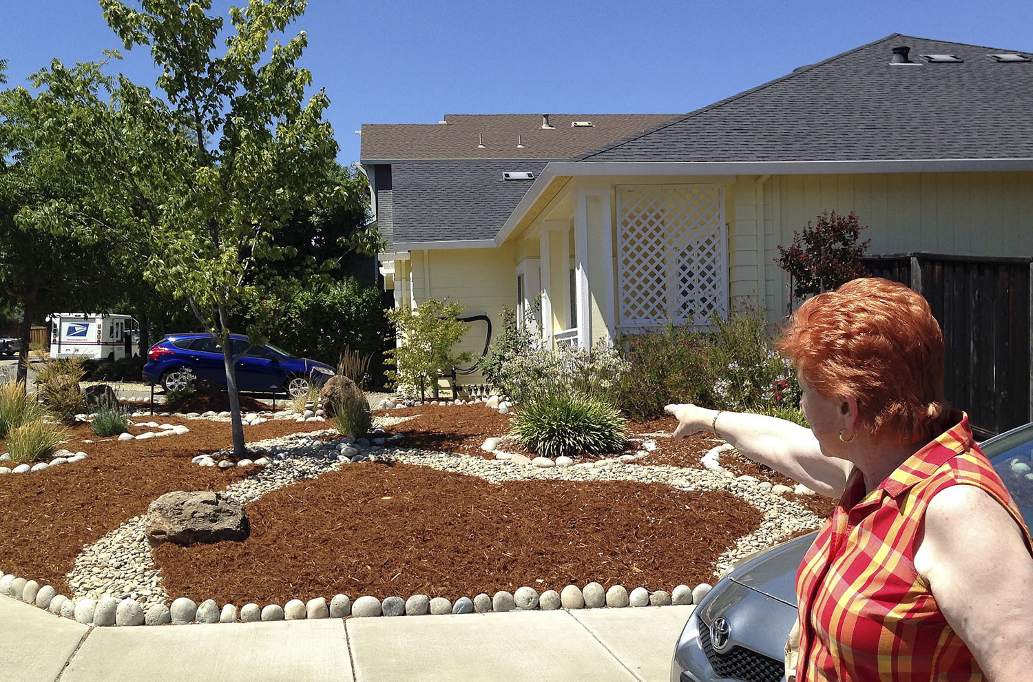 Mayor Carol Russell shows homes earlier this month where residents had plowed up their lawns because of local mandatory water rationing in Cloverdale, Calif.