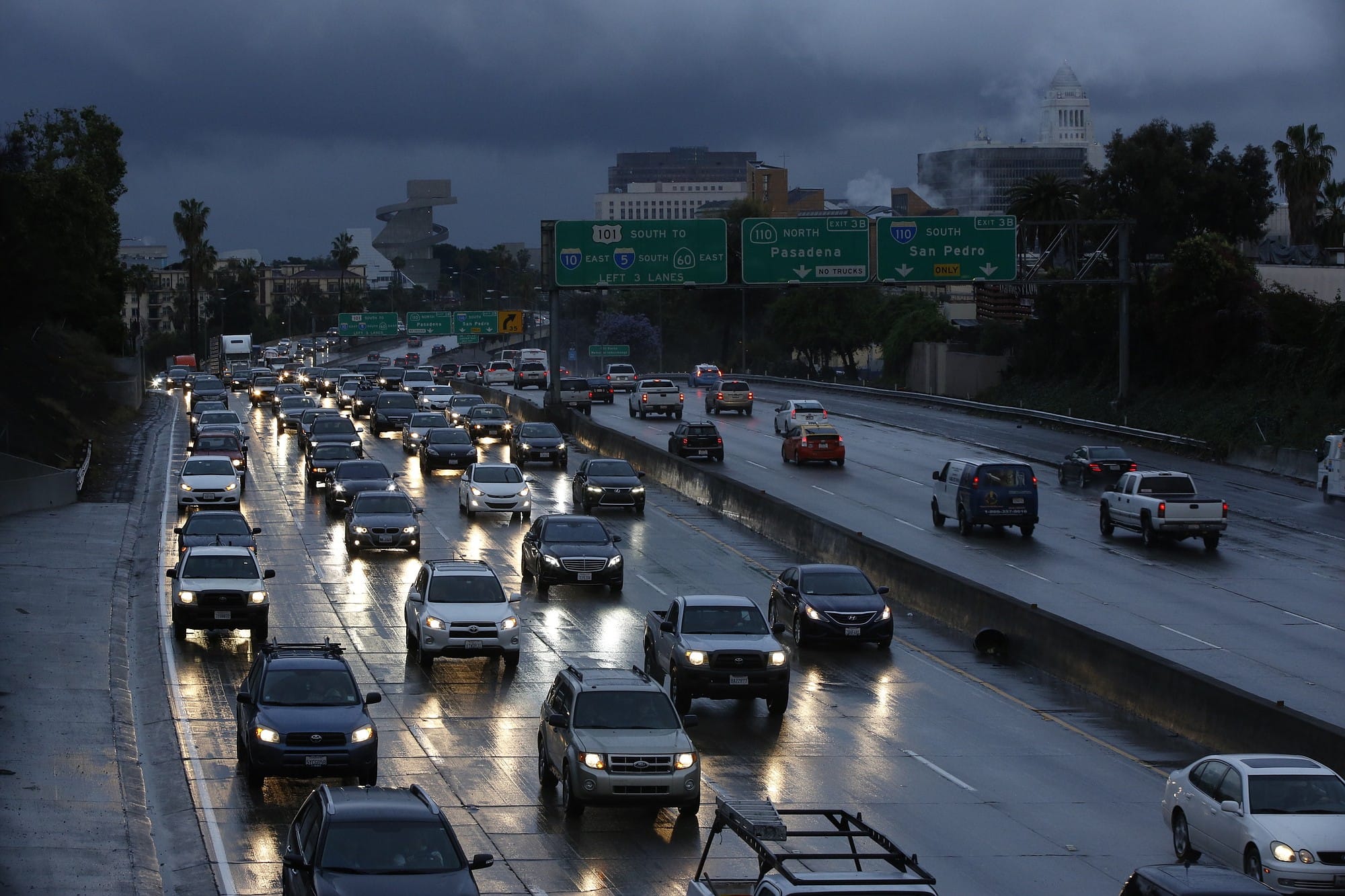 Motorists on the CA-101 freeway face rainy weather in Los Angeles on Tuesday.