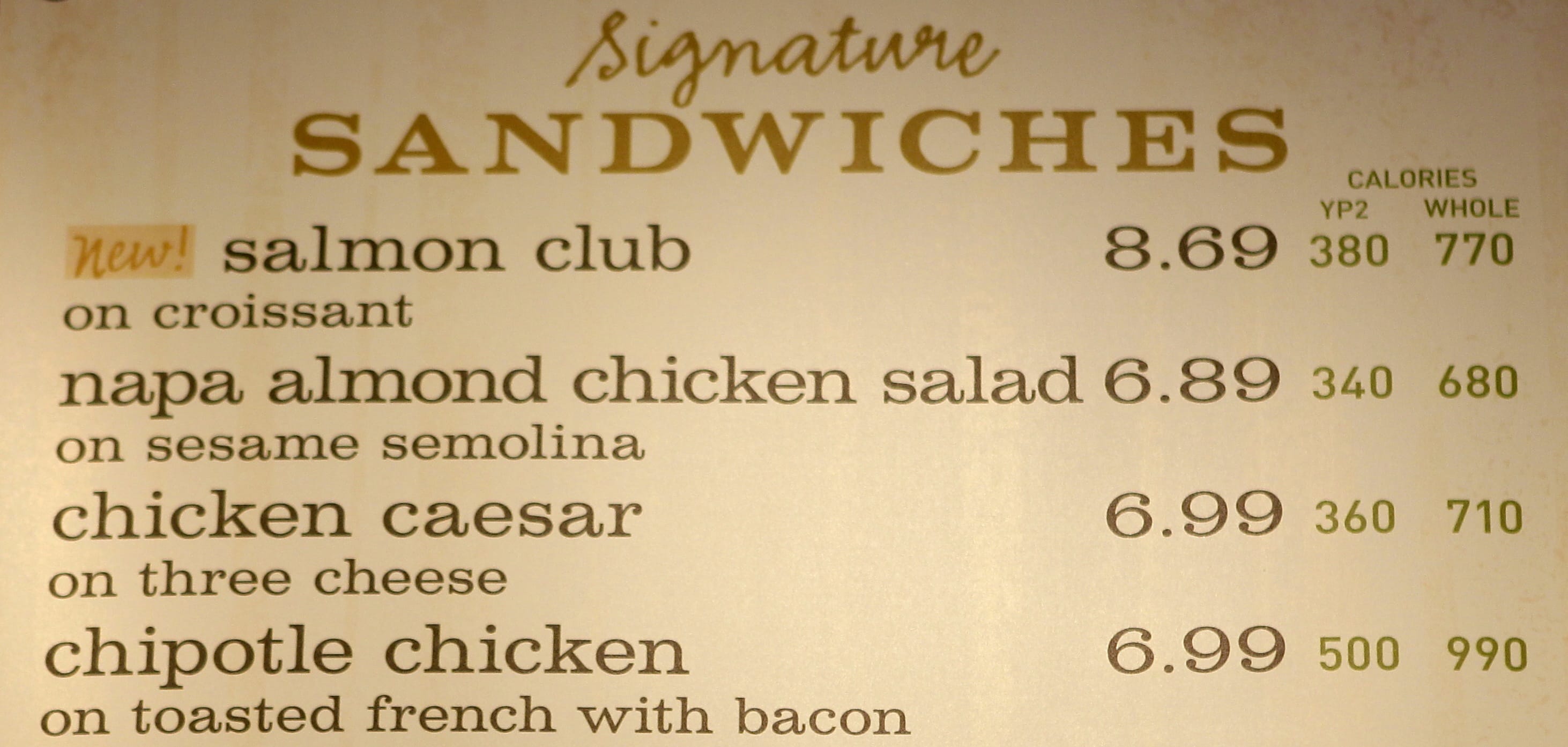 The sandwich board at a Panera store with the calorie count for each item, in Brookline, Mass.