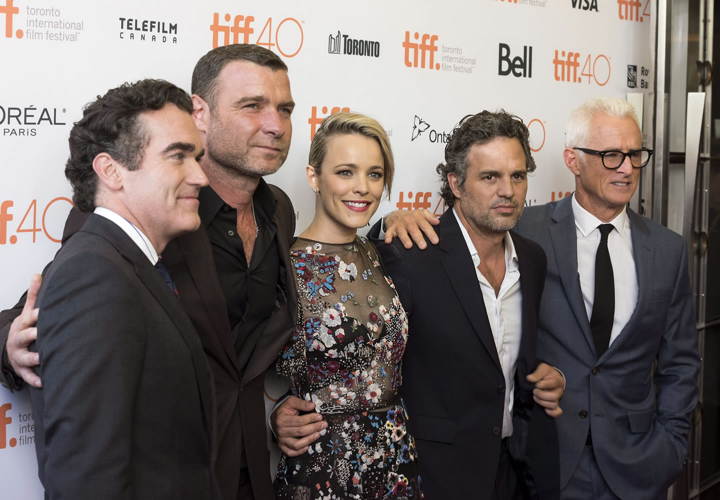 Brian d'Arcy James, from left, Liev Schreiber, Rachel McAdams, Mark Ruffalo, and John Slattery pose for photos on the red carpet for the film "Spotlight" during the 2015 Toronto International Film Festival on Monday.