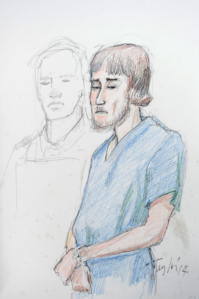 Justin Bourque is shown in this artist's sketch during his court appearance Friday in Moncton, New Brunswick.