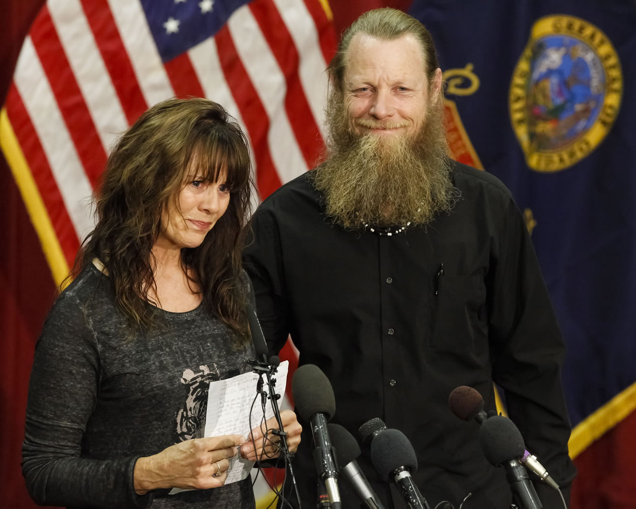 Jani and Bob Bergdahl speak to the media during a press conference at Gowen Field in Boise, Idaho, on Sunday. Their son, Sgt.