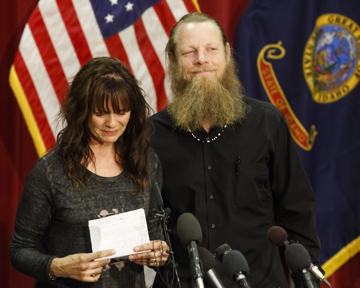 Jani and Bob Bergdahl speak to the media during a news conference at Gowen Field in Boise, Idaho, on Sunday regarding their son, Army Sgt.