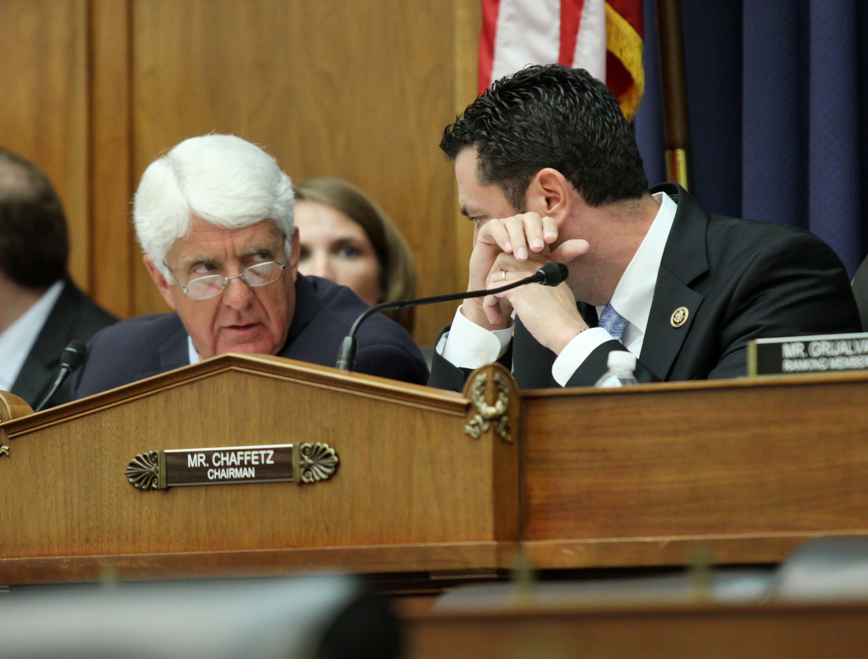 House Oversight and Government Reform Committee Chairman Rep. Jason Chaffetz, R-Utah, right, speaks to House Natural Resources Committee Chairman Rep. Rob Bishop, R-Utah, on Capitol Hill in Washington on Thursday, during a joint Oversight and Reform Committee-Natural Resources Committee hearing on the Gold King mine spill.
