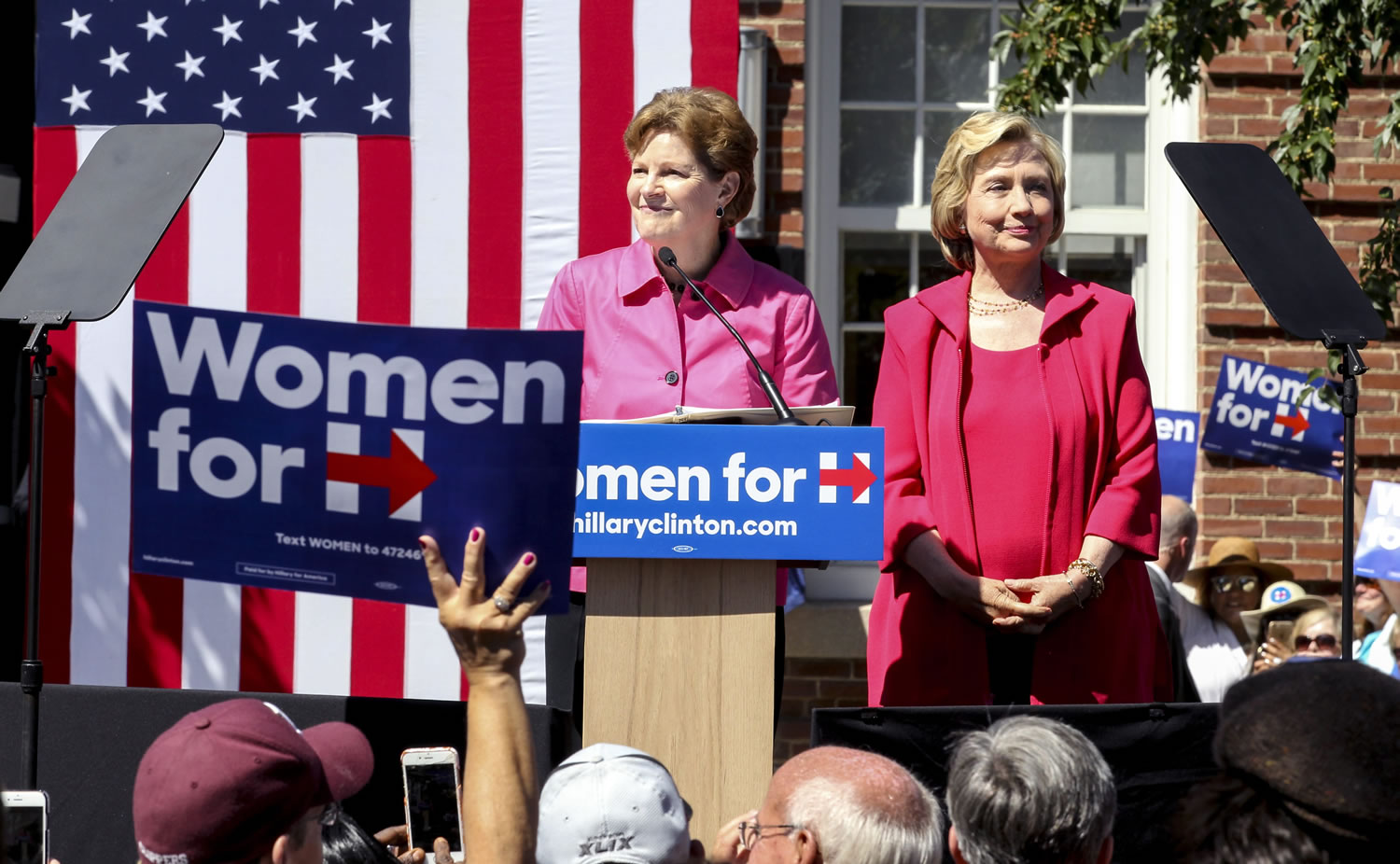 Democratic presidential candidate Hillary Rodham Clinton, right, is endorsed by Sen. Jeanne Shaheen, D-N.H., left, during the kick-off event for New Hampshire Women for Hillary in Portsmouth, N.H.,  Saturday, Sept. 5, 2015.