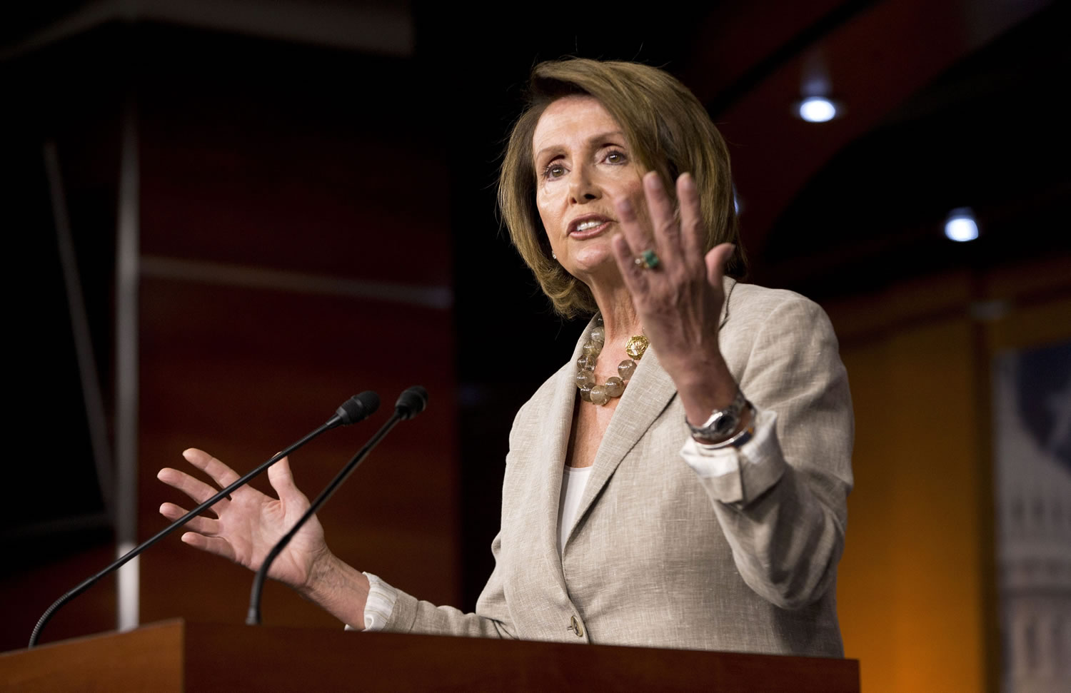 House Minority Leader Nancy Pelosi of California speaks during her weekly news conference on Capitol Hill in Washington on Thursday.