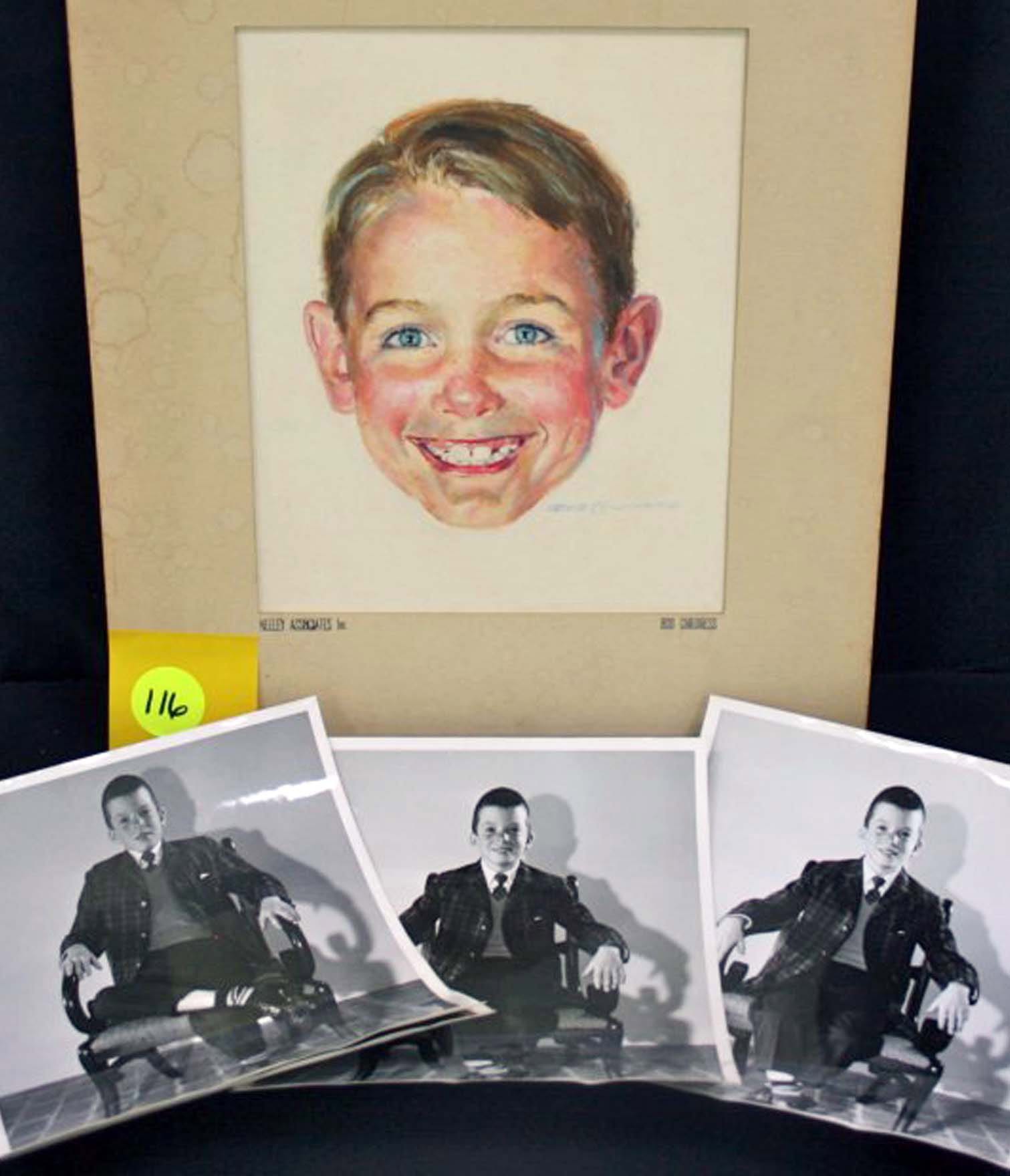 A watercolor by Robert Childress and photos of the model used to paint it. The portrait is of Dick of the &quot;Dick and Jane&quot; series of books that helped teach generations of children to read.
