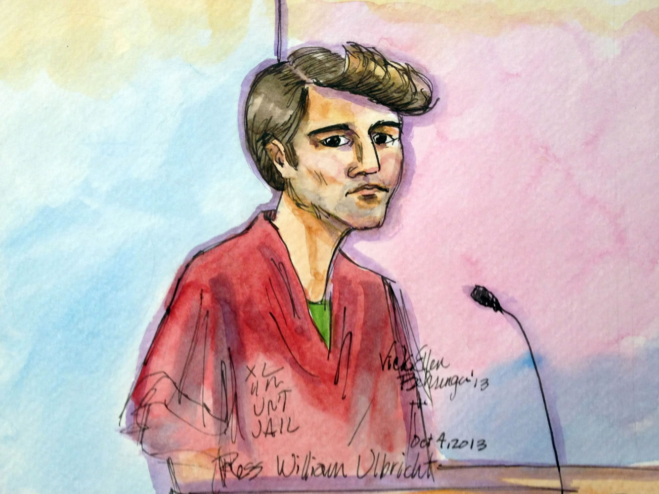An artist rendering depicts Ross William Ulbricht during an October appearance at federal court in San Francisco. Authorities say that Ulbricht had spent most of three years &quot;evading law enforcement, living a double life&quot; while operating an underground website known as Silk Road, a black-market bazaar for cocaine, heroin and other drugs, while portraying himself as an Internet trailblazer.